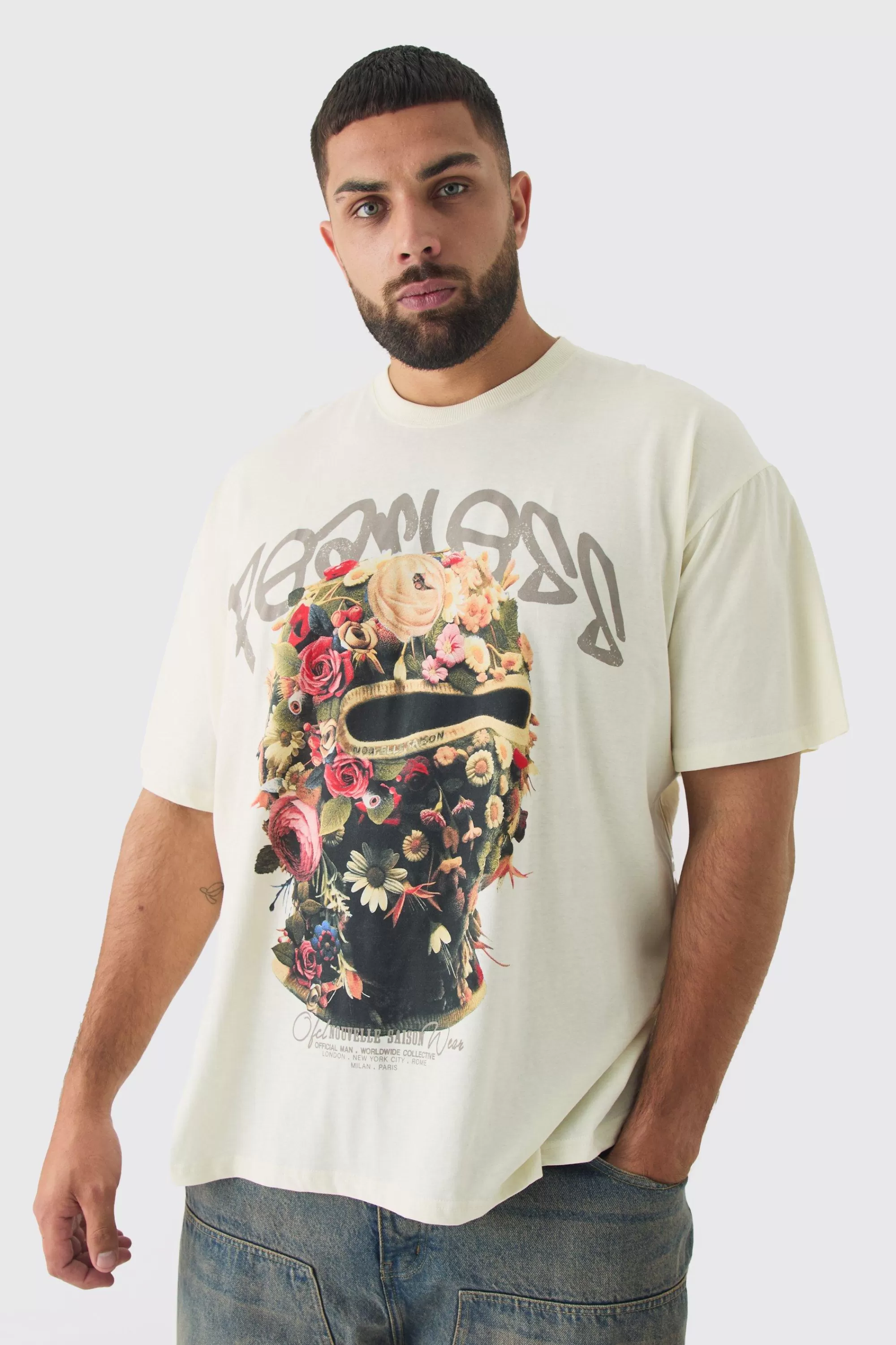 boohooMAN Plus Oversized Fearless Floral Balaclava T-shirt | UK stone Discount
