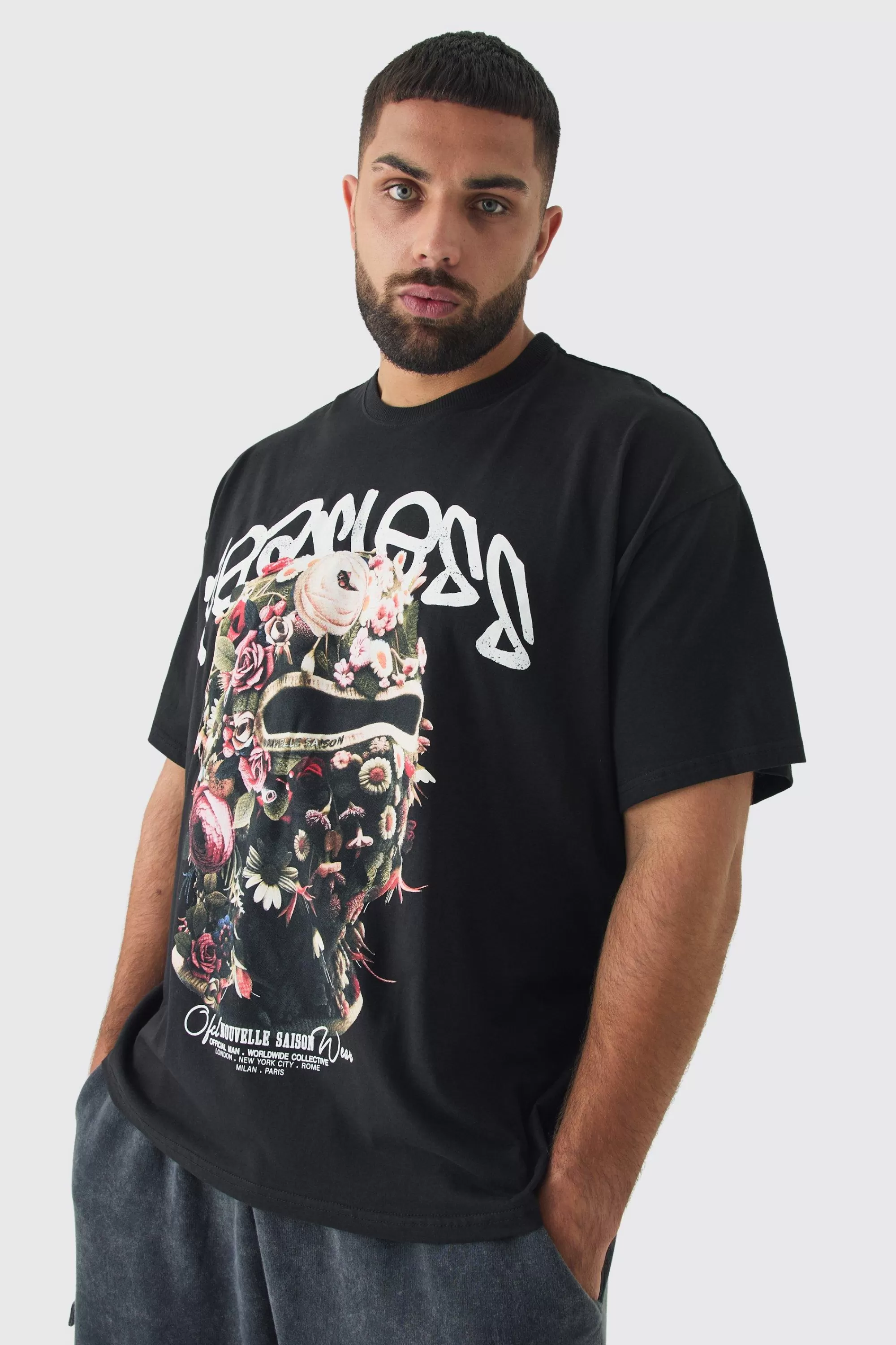 boohooMAN Plus Oversized Fearless Floral Balaclava T-shirt | UK black New