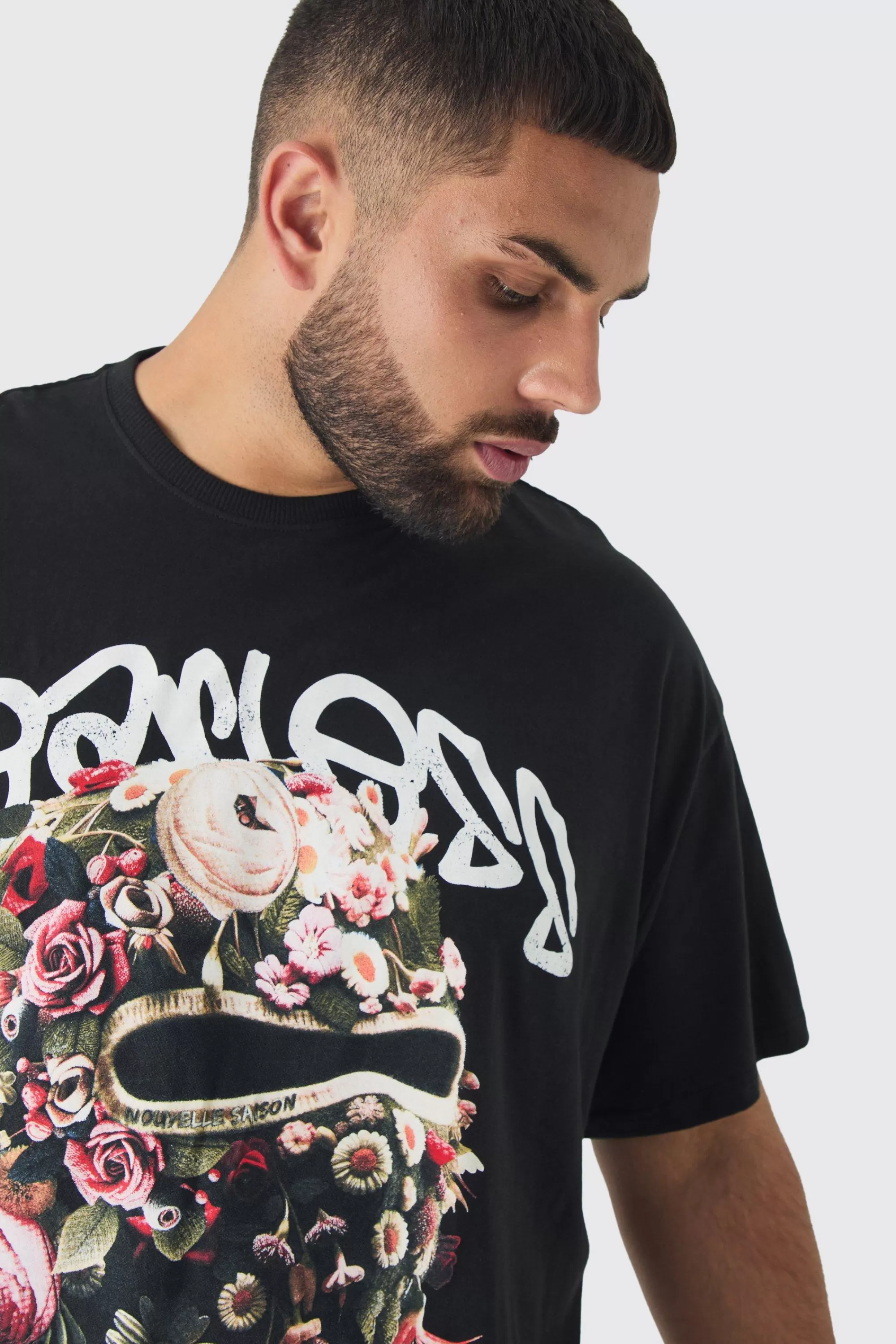 boohooMAN Plus Oversized Fearless Floral Balaclava T-shirt | UK black New
