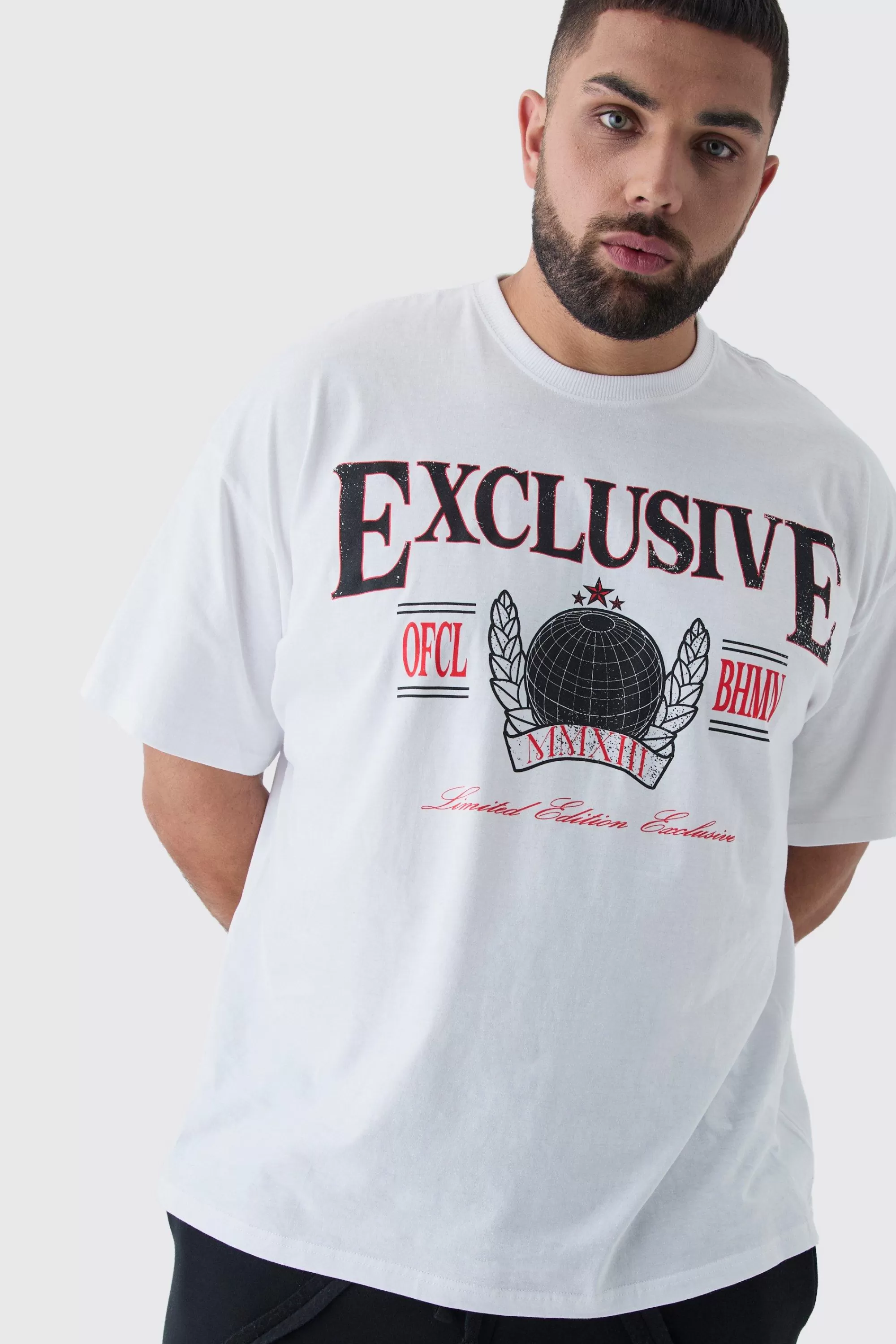 boohooMAN Plus Oversized Fit Exclusive Print T-Shirt | UK white Best