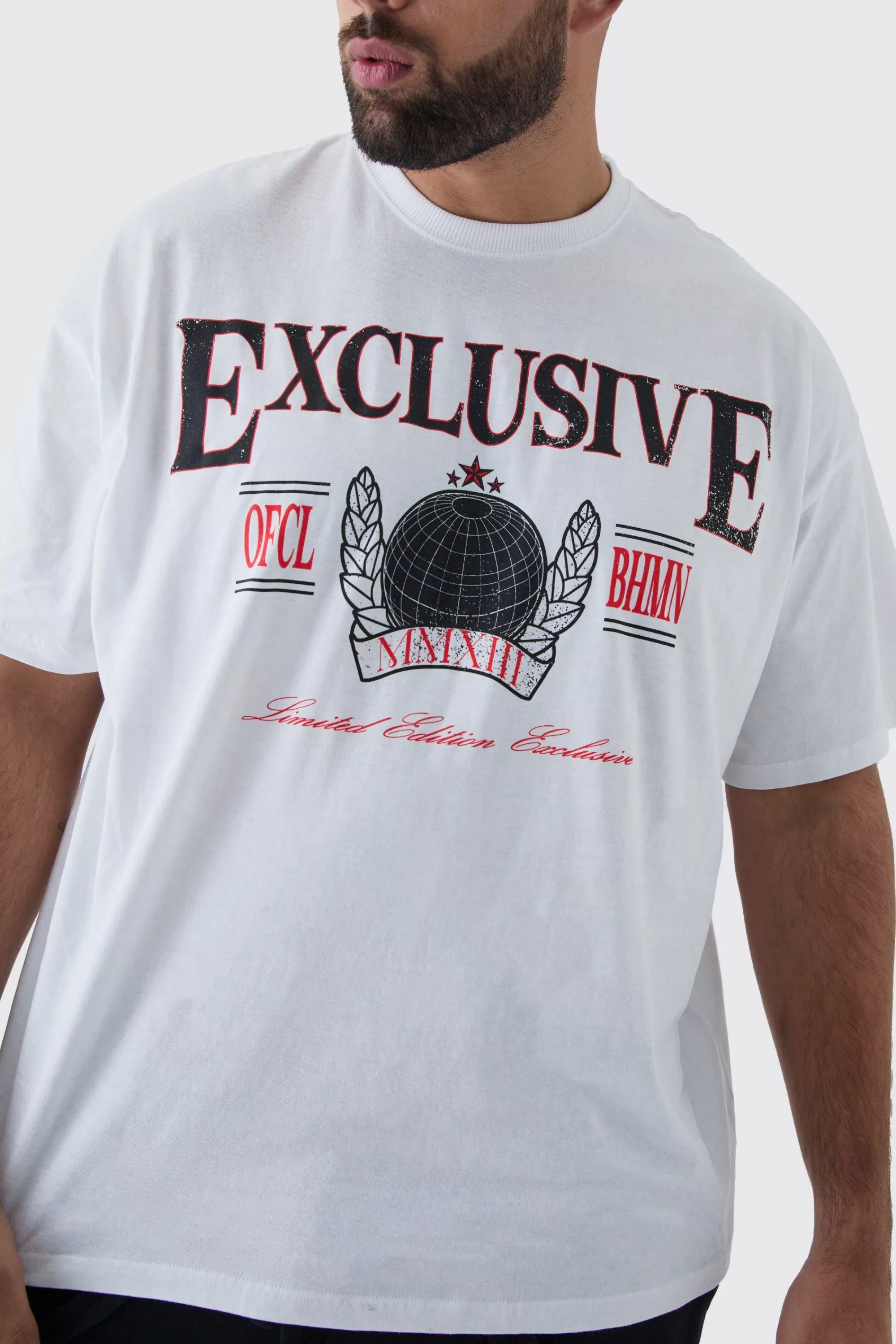 boohooMAN Plus Oversized Fit Exclusive Print T-Shirt | UK white Best