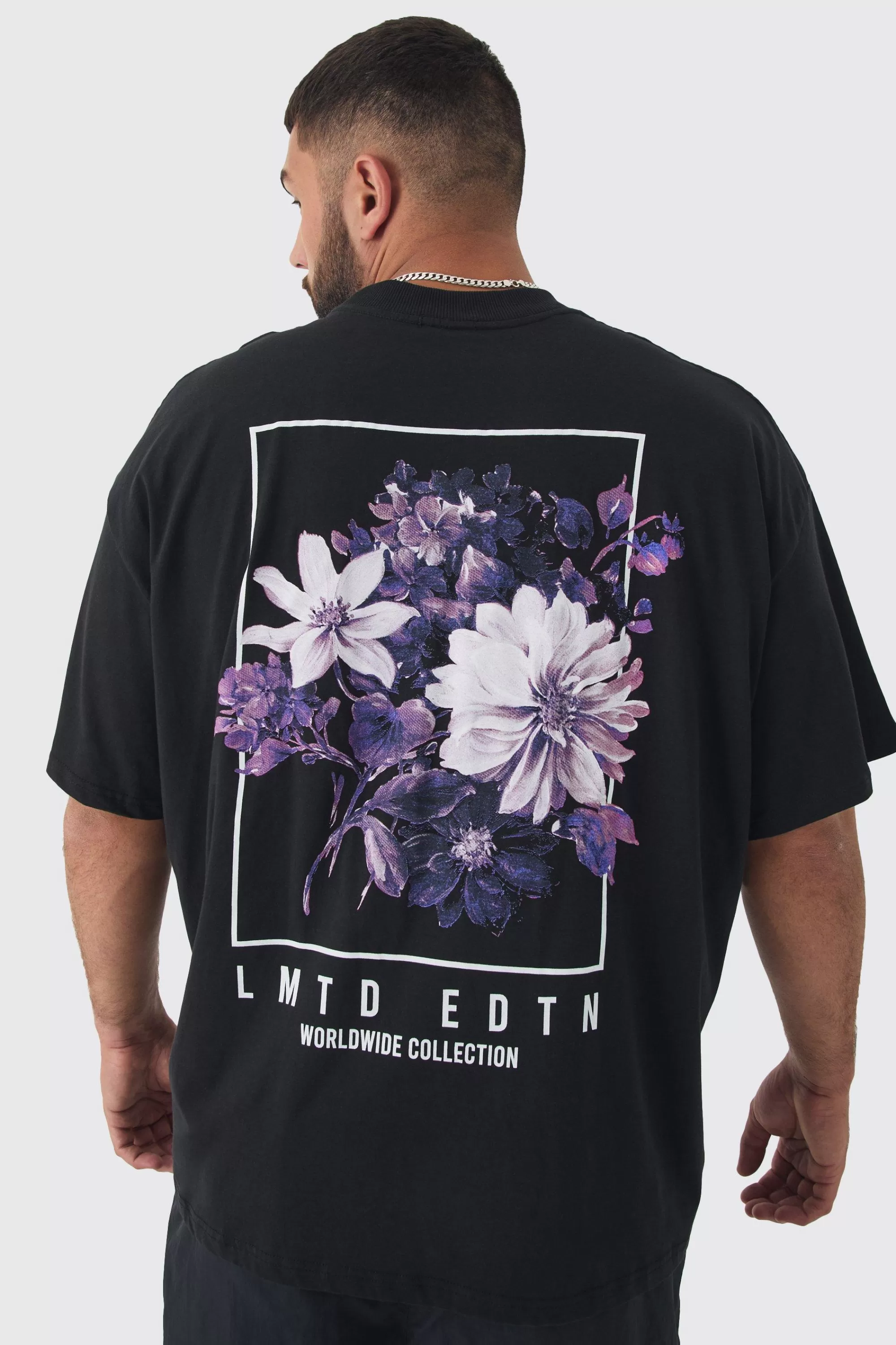 boohooMAN Plus Oversized Floral Back Graphic T-shirt | UK black Fashion