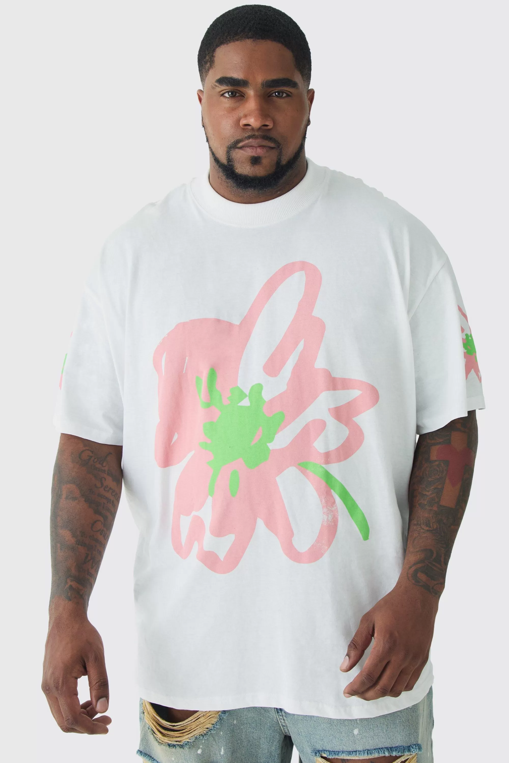 boohooMAN Plus Oversized Floral Doodle Print T-shirt | UK white Flash Sale