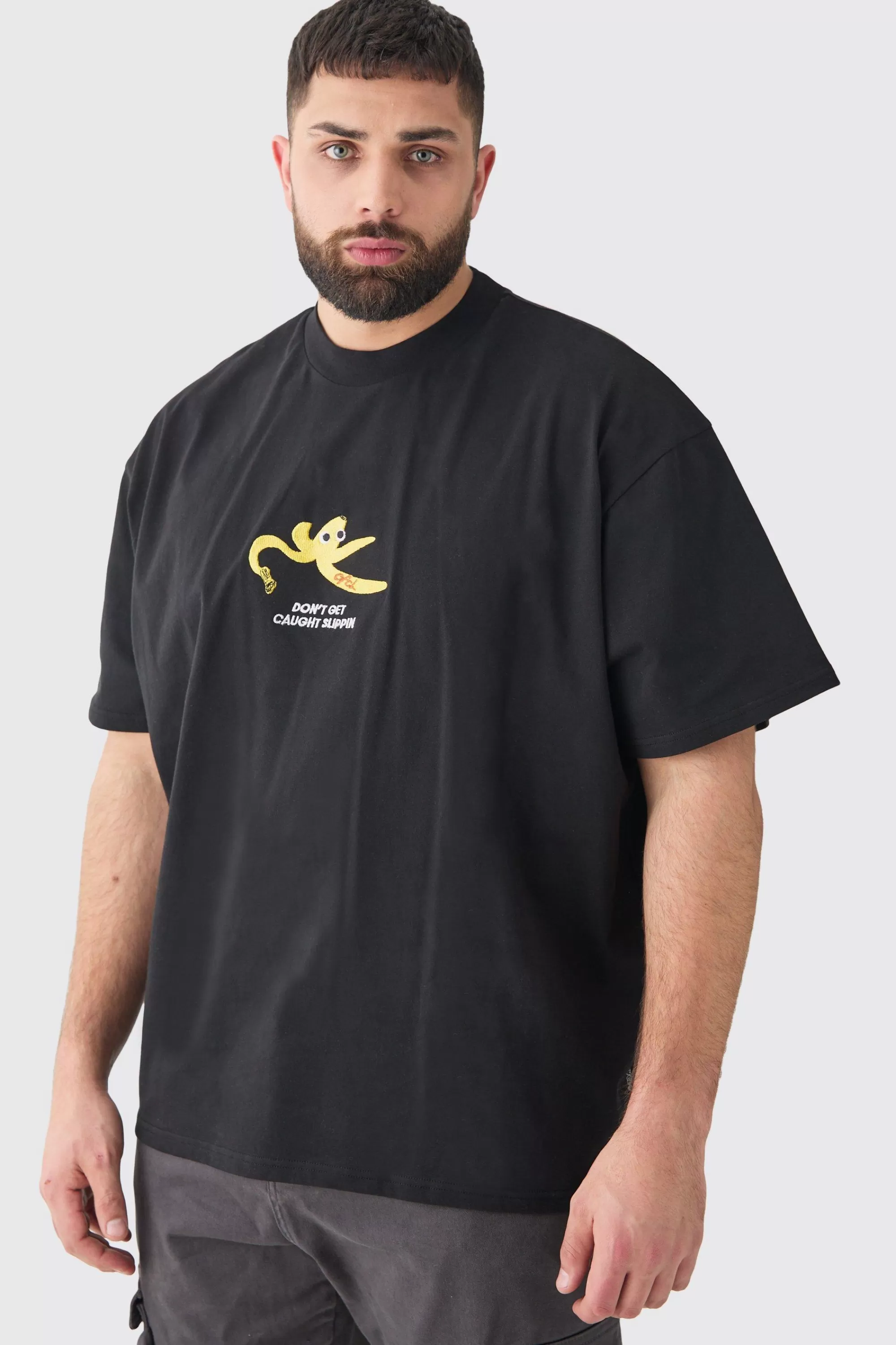 boohooMAN Plus Oversized Heavy Split Hem Print T-shirt | UK black Hot