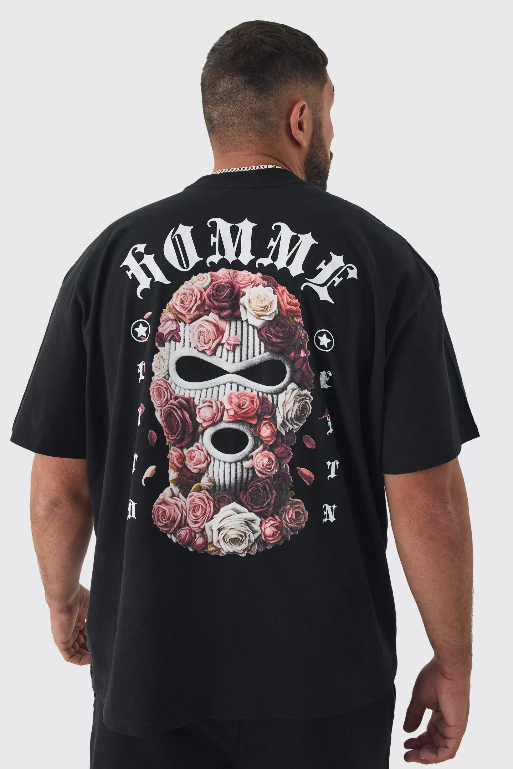 boohooMAN Plus Oversized Homme Balaclava Floral Print T-shirt | UK black New