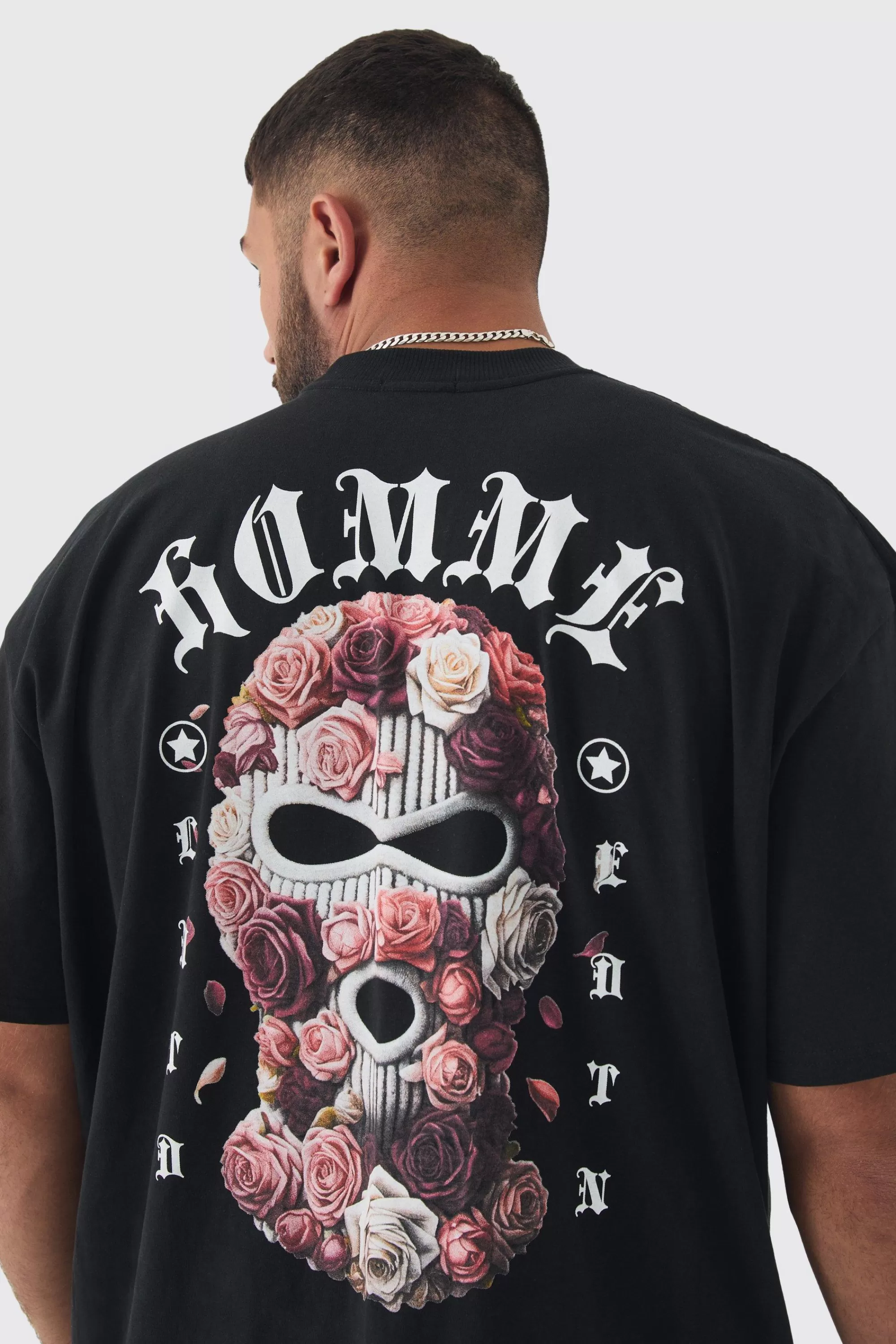 boohooMAN Plus Oversized Homme Balaclava Floral Print T-shirt | UK black New