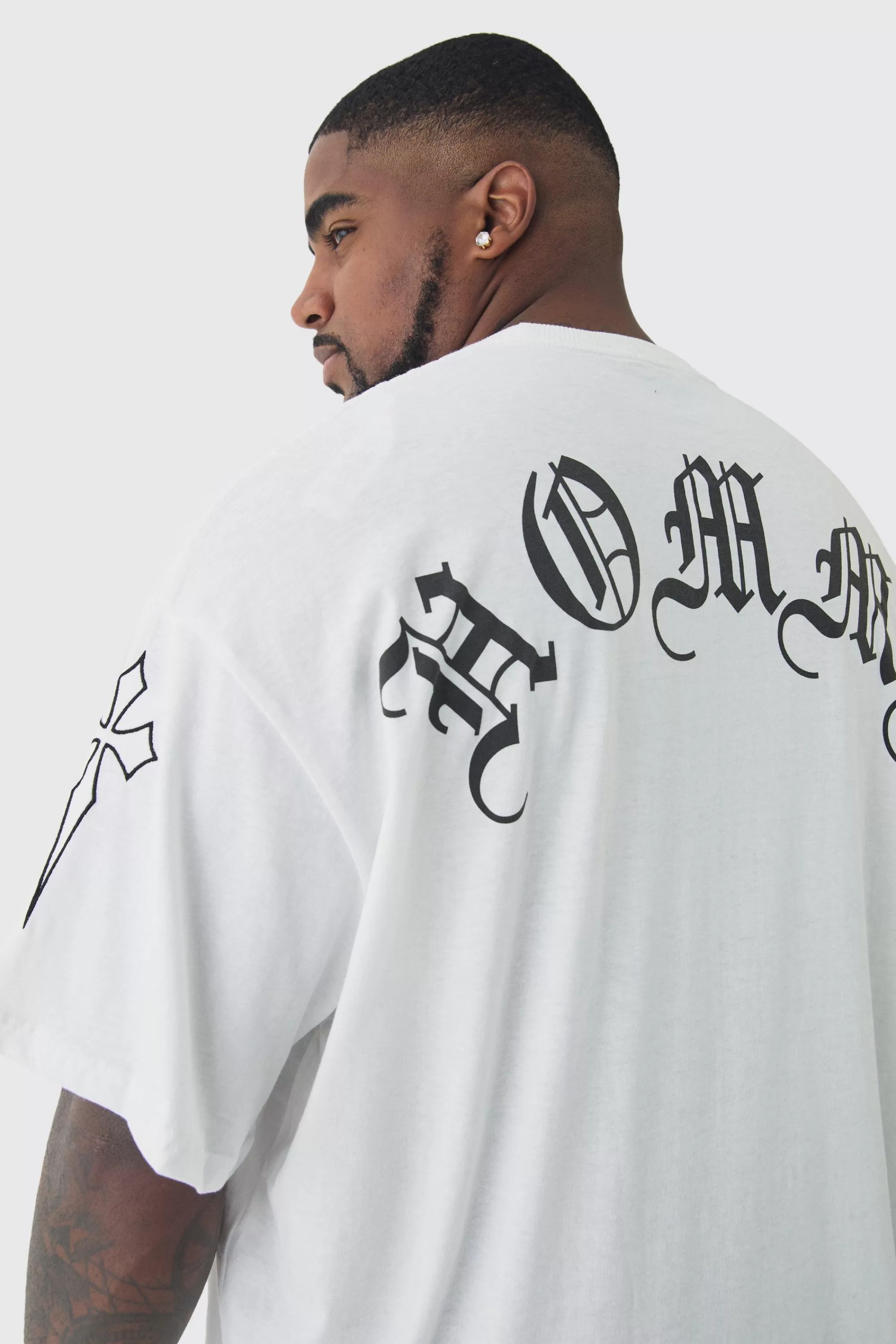 boohooMAN Plus Oversized Homme Print & Cross Embroidered T-Shirt | UK white Sale