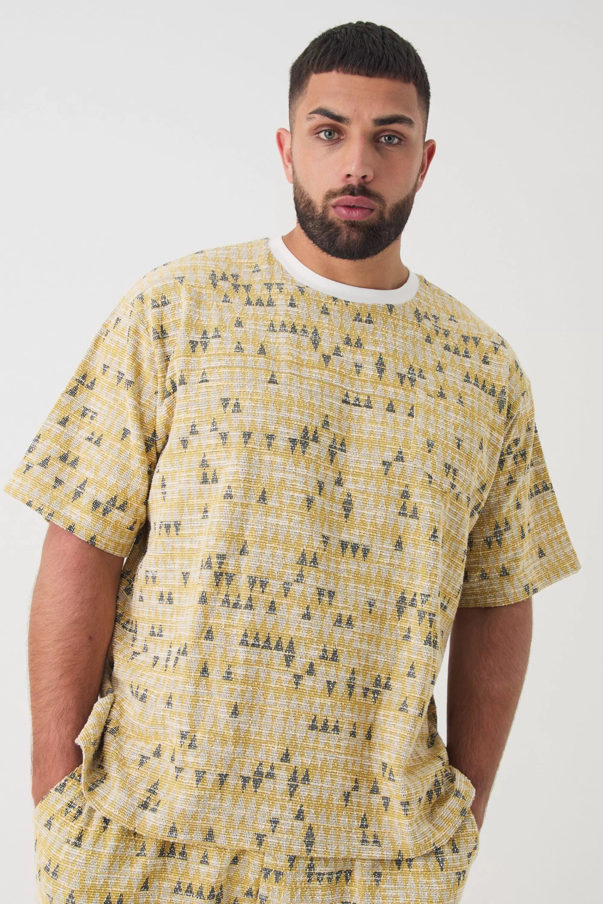 boohooMAN Plus Oversized Jacquard Geo T-shirt | UK yellow Fashion