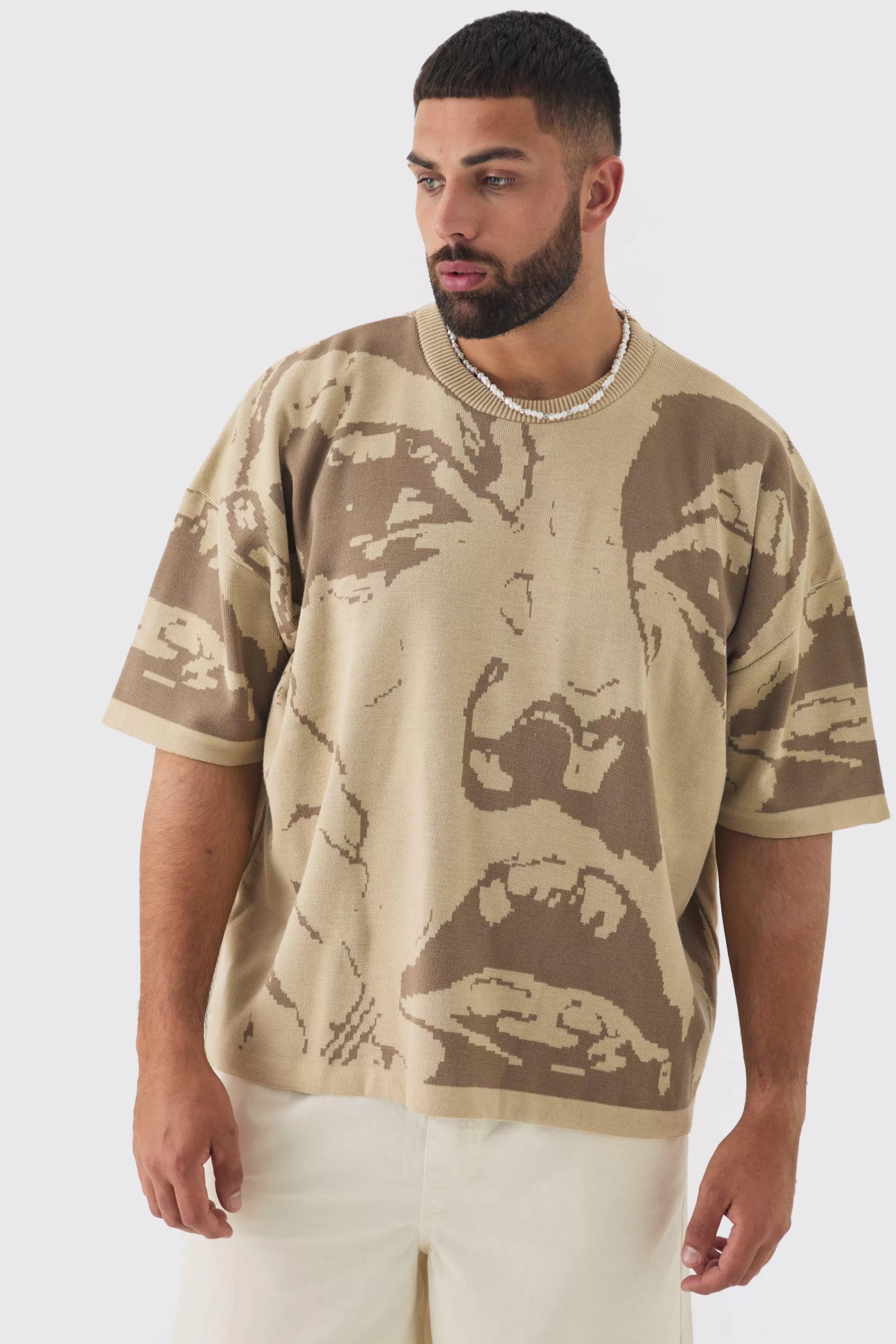 boohooMAN Plus Oversized Line Drawing Knitted T-shirt | UK stone Online