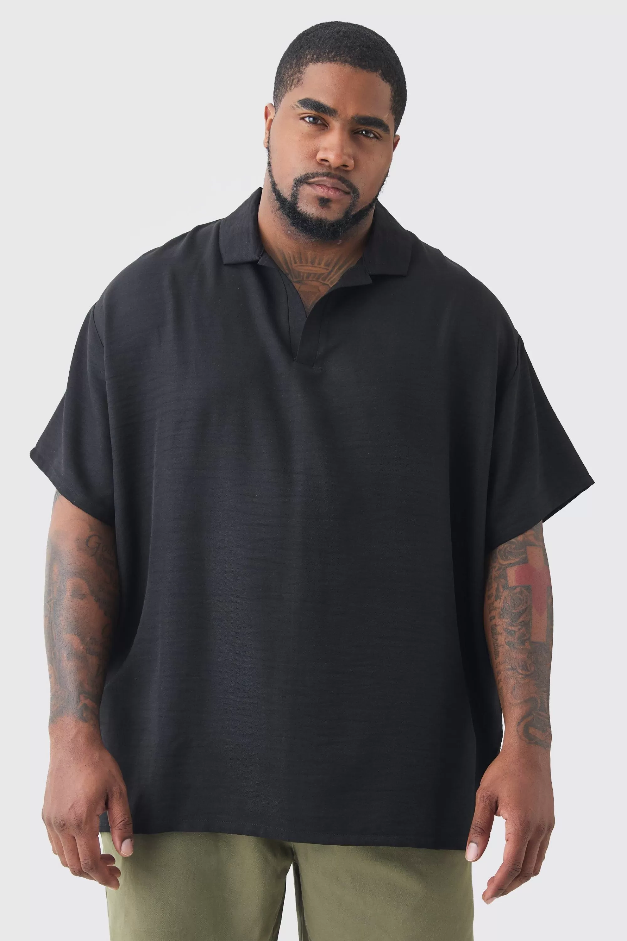 boohooMAN Plus Oversized Linen Revere Polo In | UK black Flash Sale