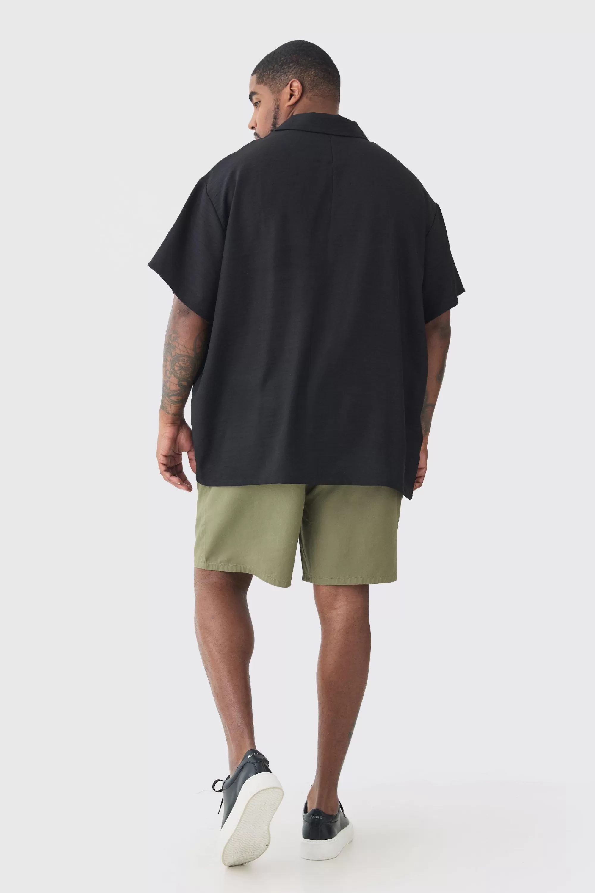 boohooMAN Plus Oversized Linen Revere Polo In | UK black Flash Sale