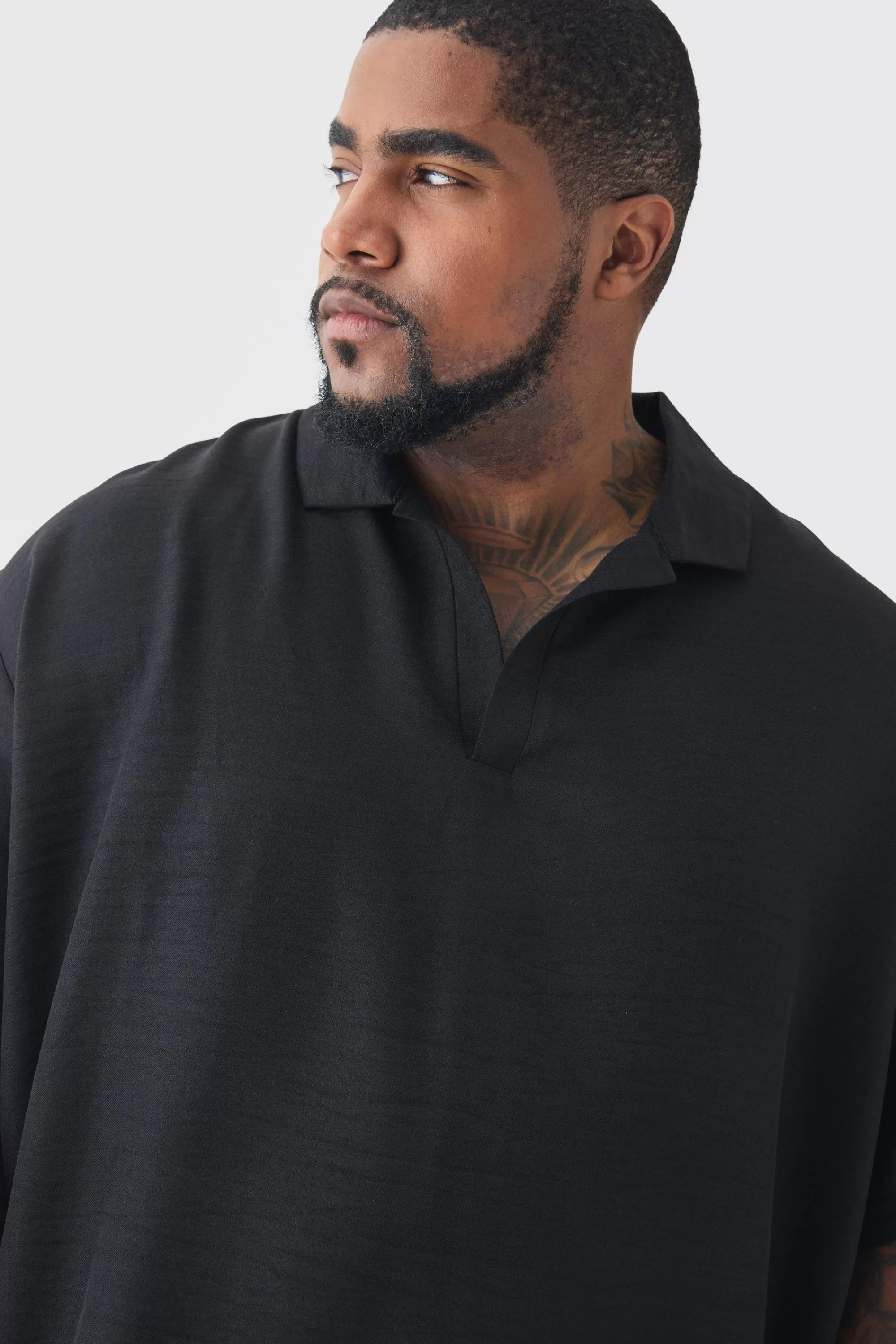 boohooMAN Plus Oversized Linen Revere Polo In | UK black Flash Sale