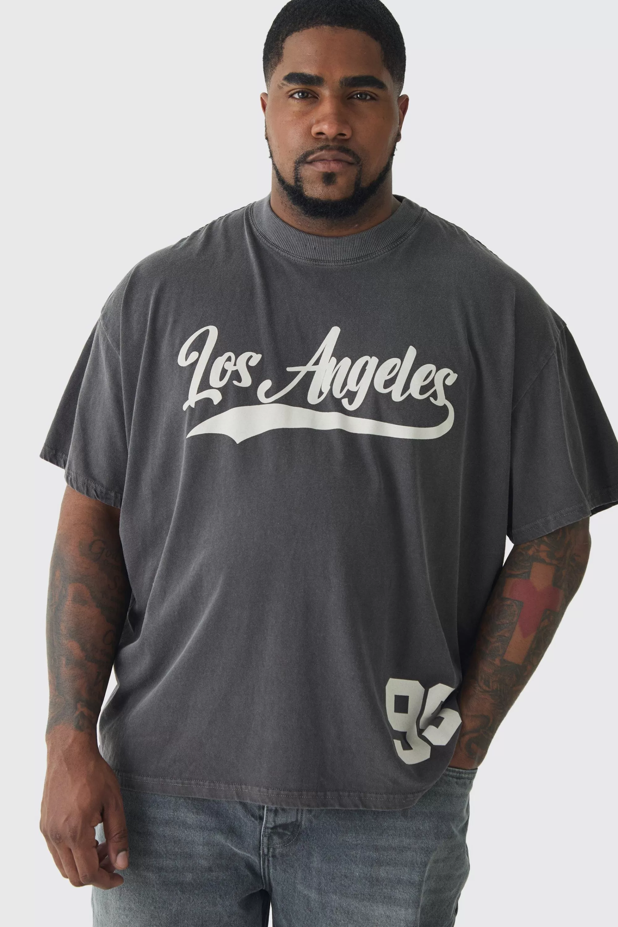 boohooMAN Plus Oversized Los Angeles Overdye Varsity Print T-shirt | UK chocolate Clearance