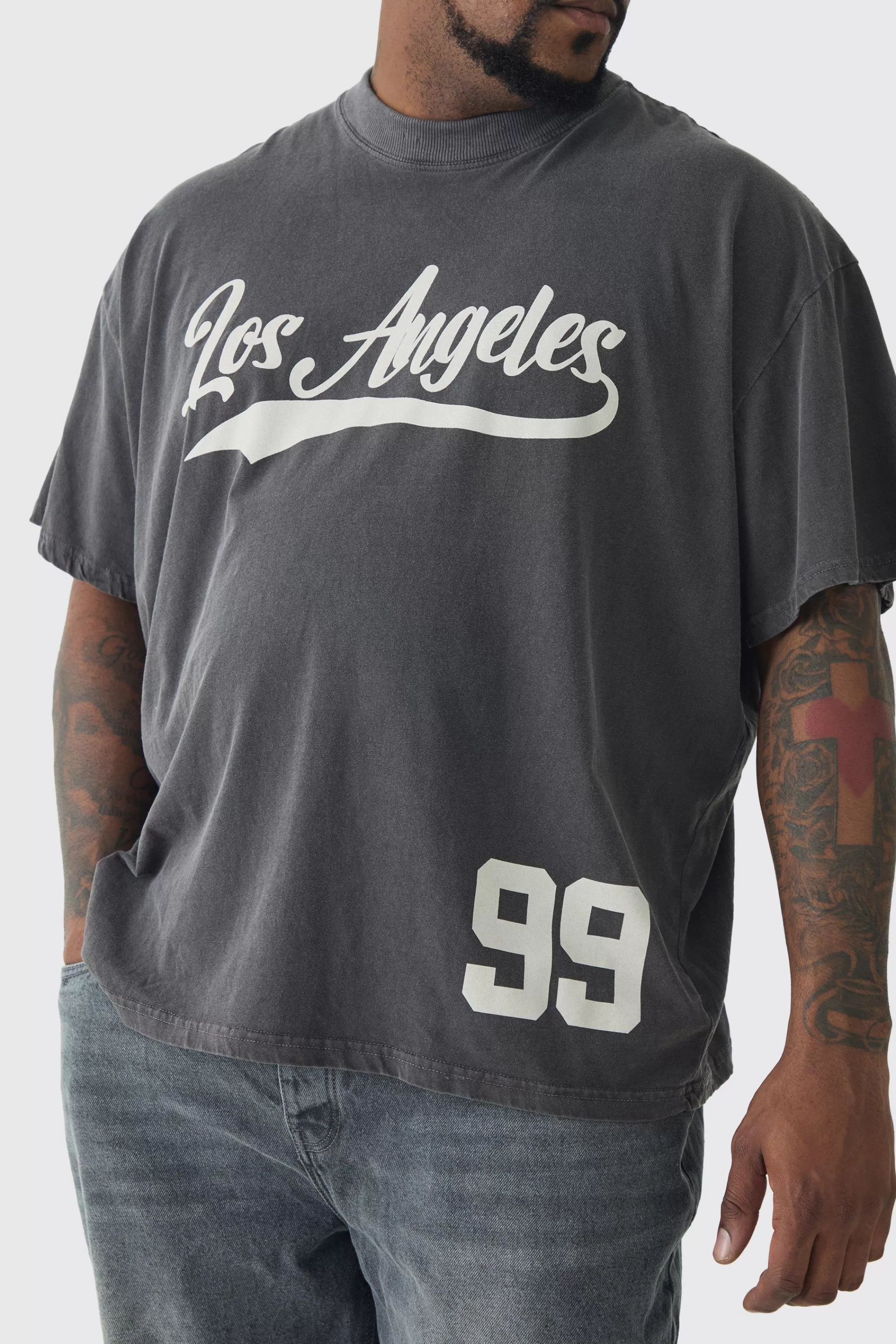 boohooMAN Plus Oversized Los Angeles Overdye Varsity Print T-shirt | UK chocolate Clearance