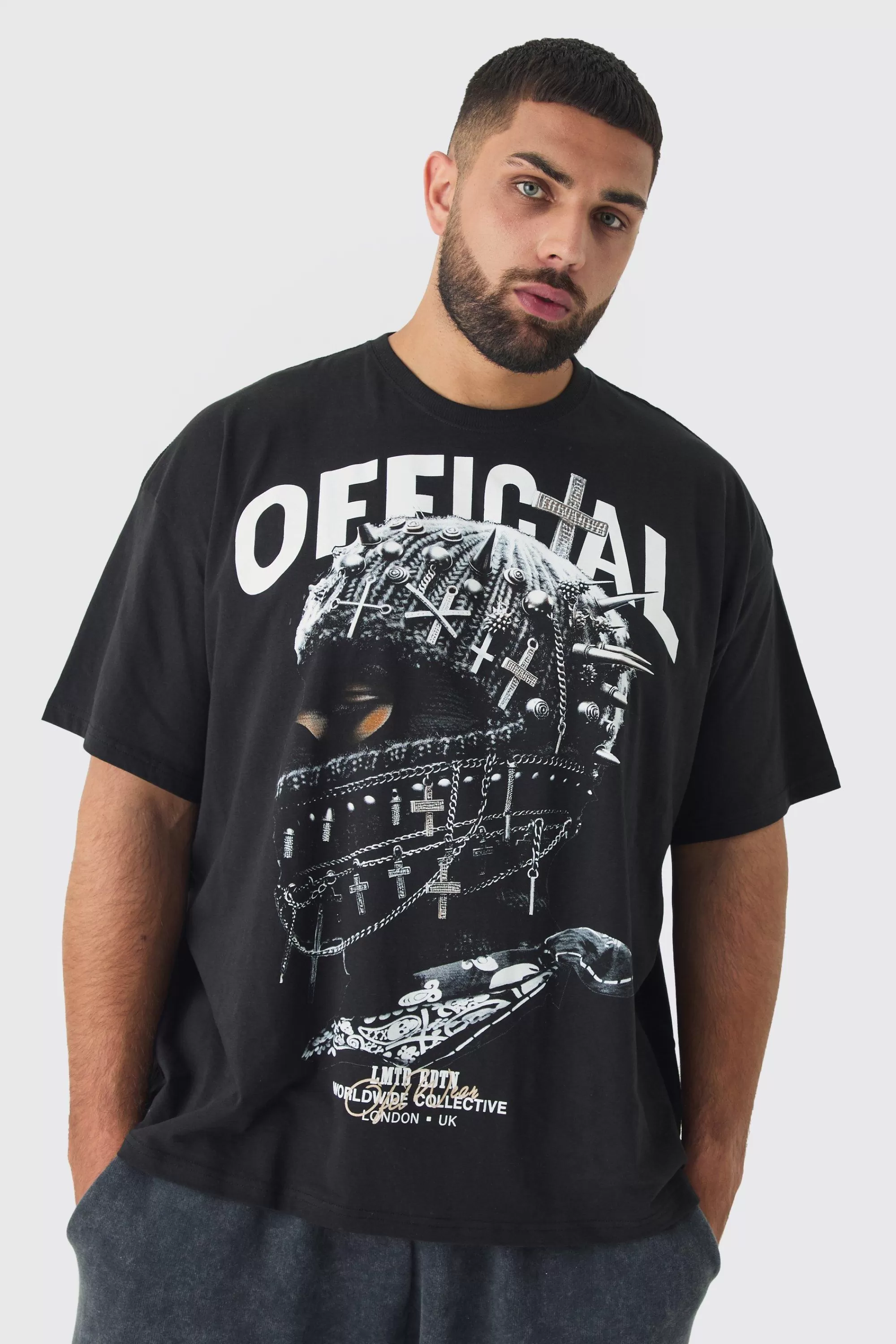 boohooMAN Plus Oversized Official Balaclava Print T-Shirt | UK black Outlet