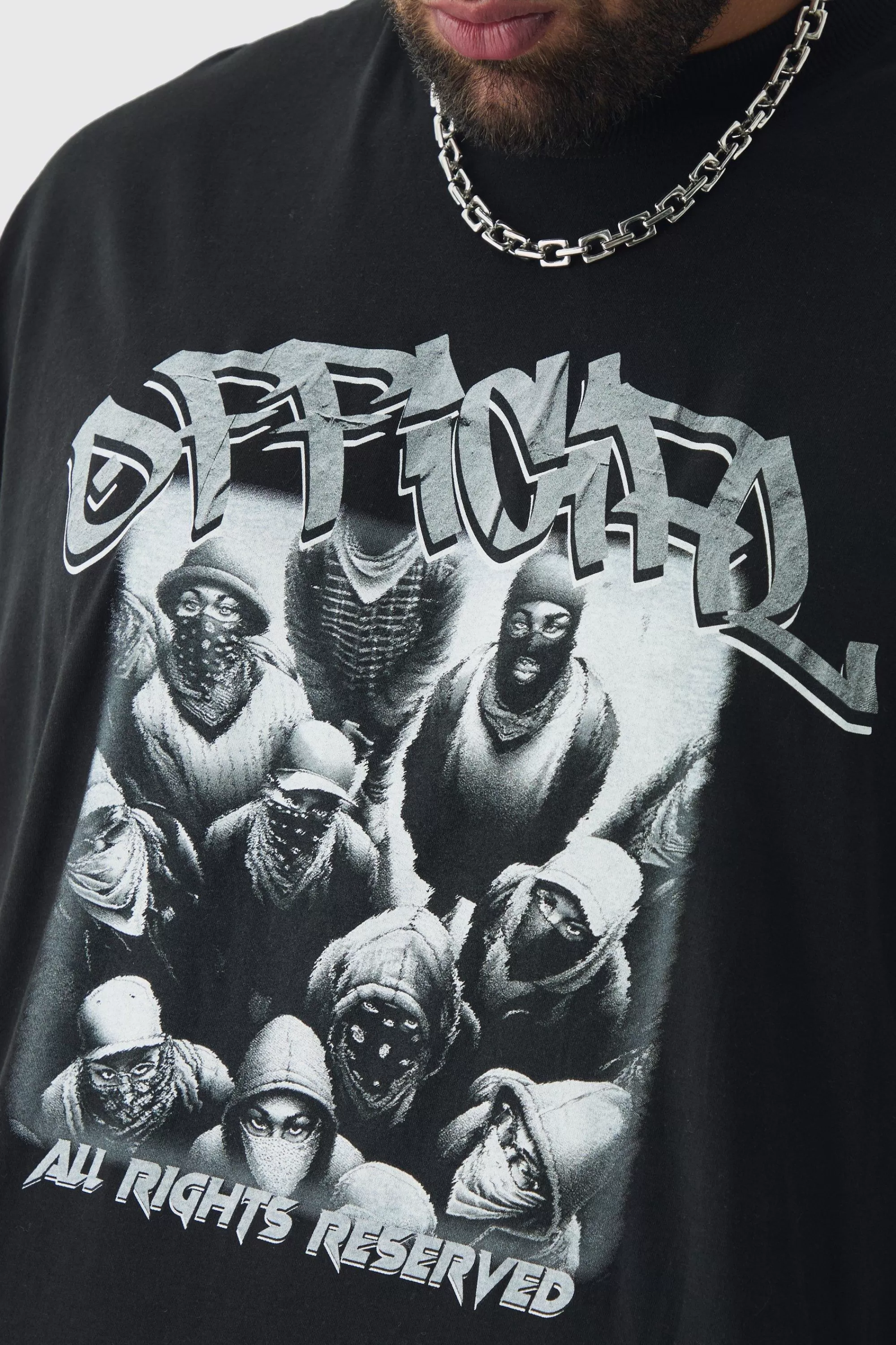 boohooMAN Plus Oversized Official Balaclava Print T-Shirt | UK black New