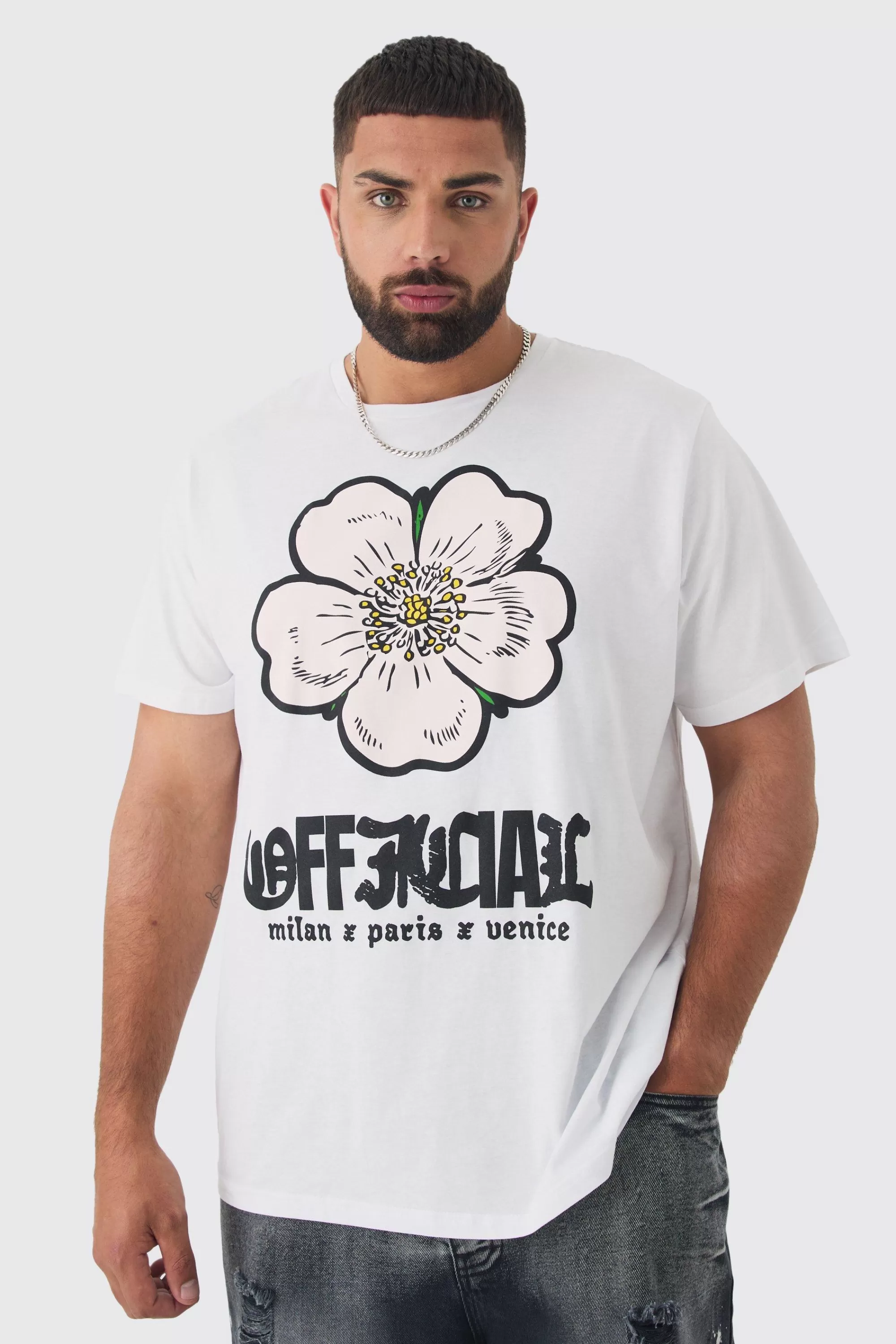 boohooMAN Plus Oversized Official Floral Print T-shirt | UK white Sale