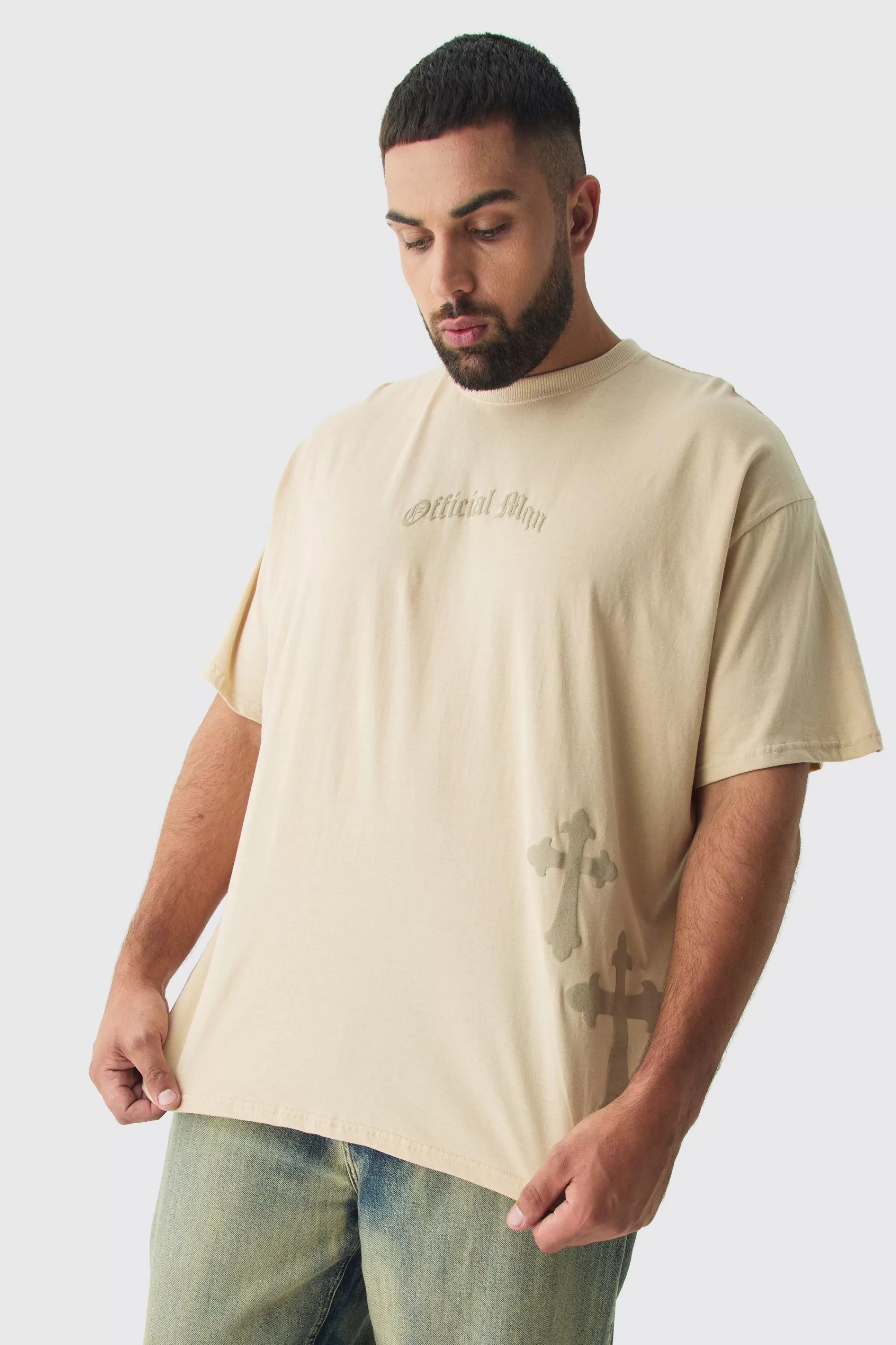 boohooMAN Plus Oversized Official Man Cross Puff Print T-Shirt | UK sand Cheap