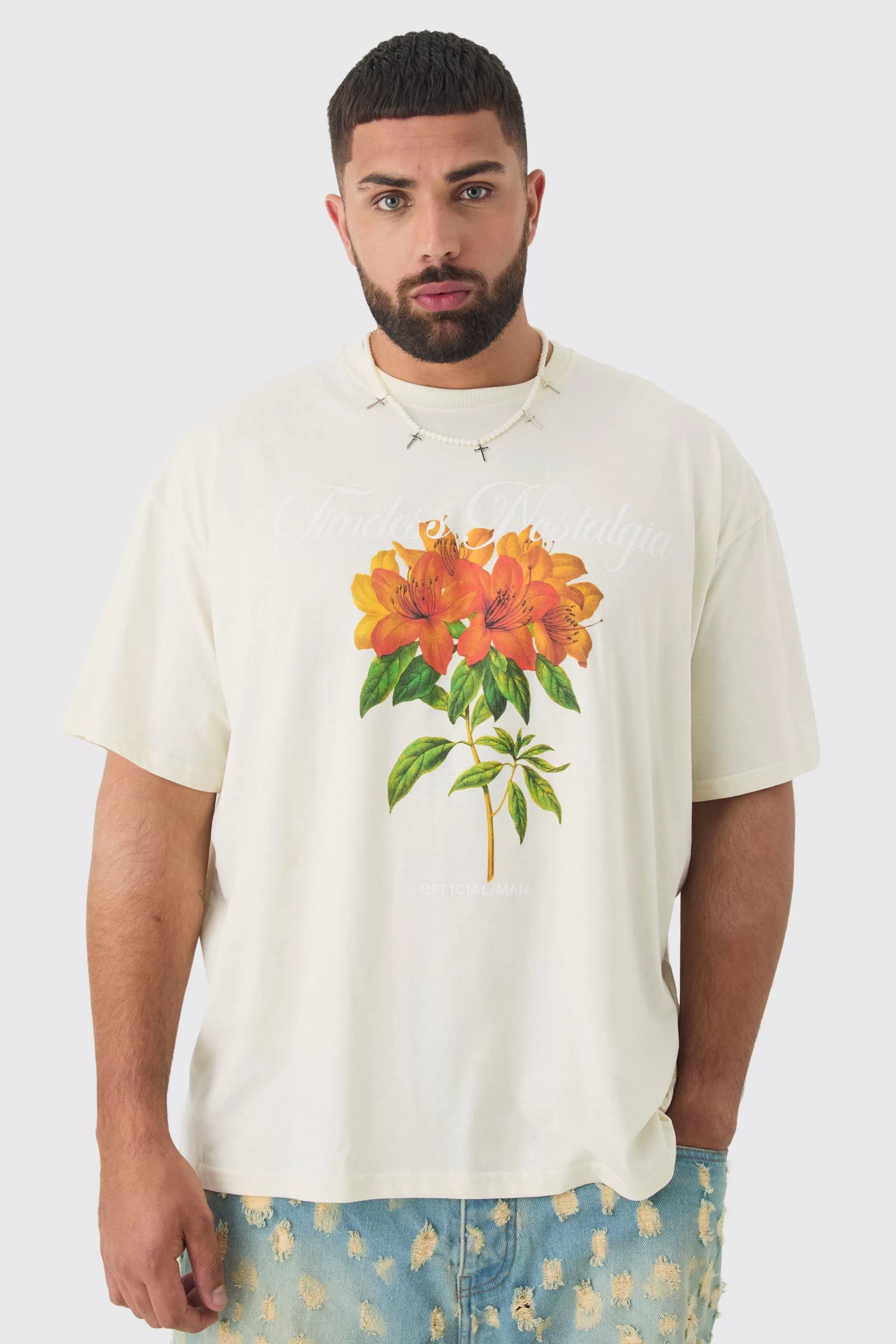 boohooMAN Plus Oversized Official Man Floral Print T-shirt | UK ecru Outlet
