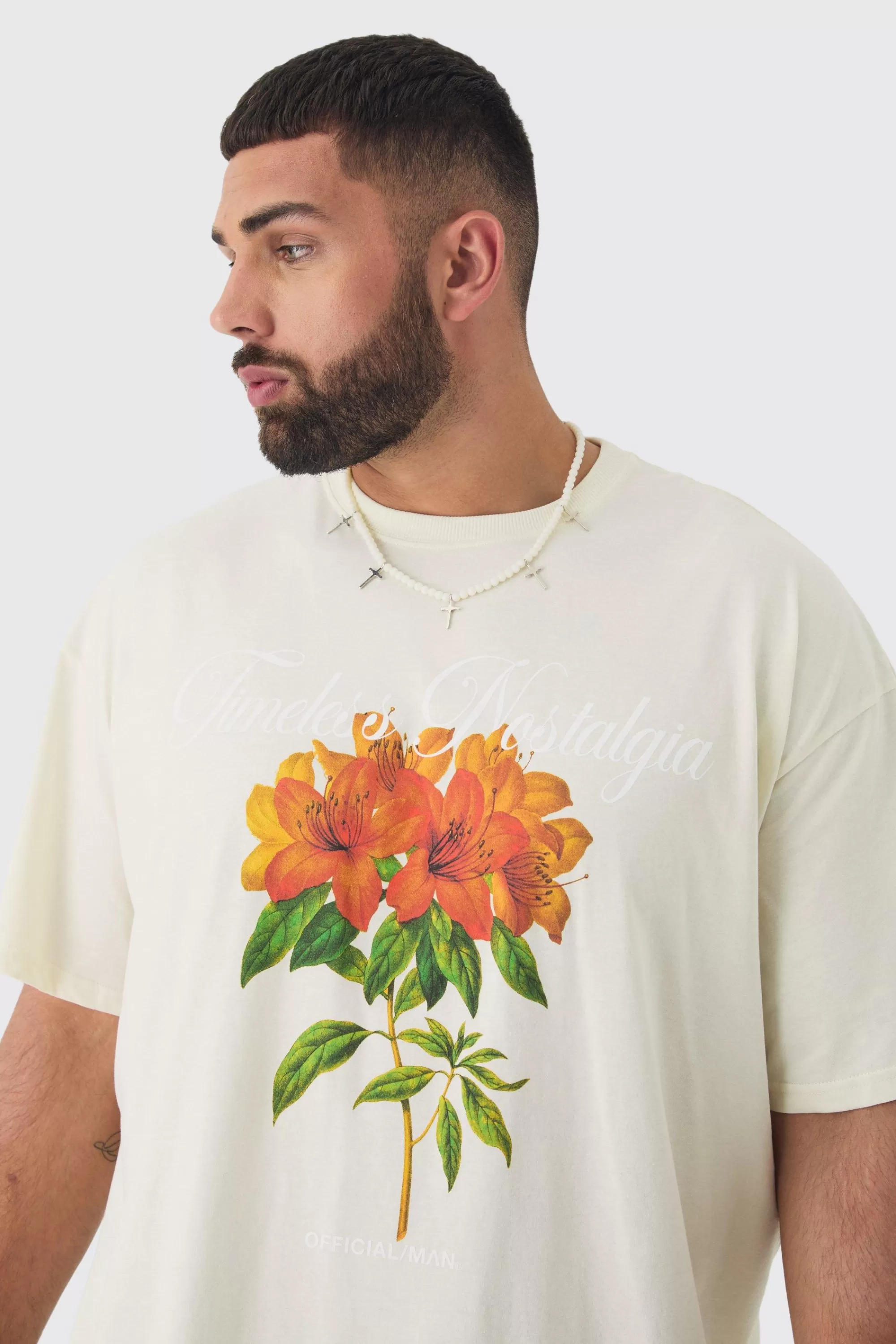 boohooMAN Plus Oversized Official Man Floral Print T-shirt | UK ecru Outlet