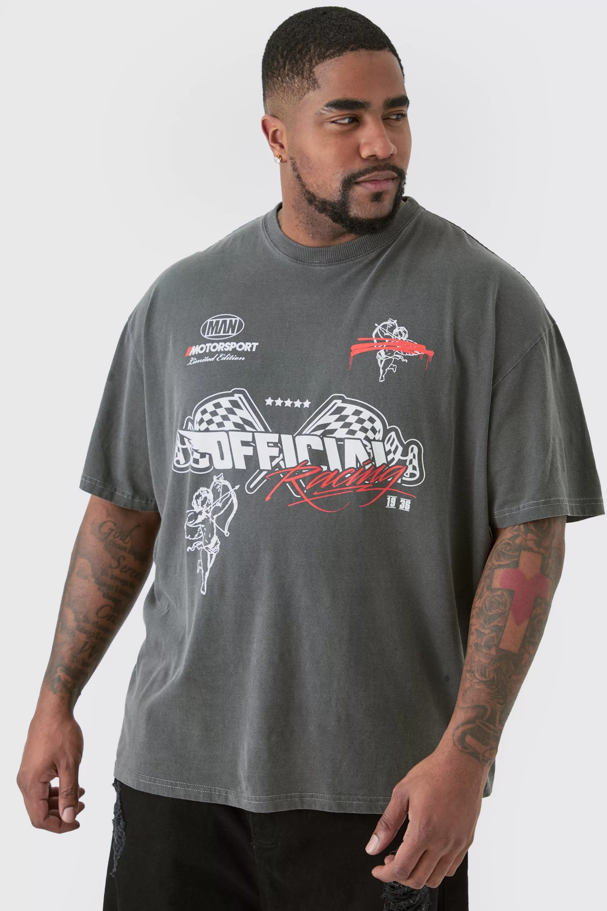 boohooMAN Plus Oversized Overdye Wash Moto Print T-shirt | UK charcoal Clearance