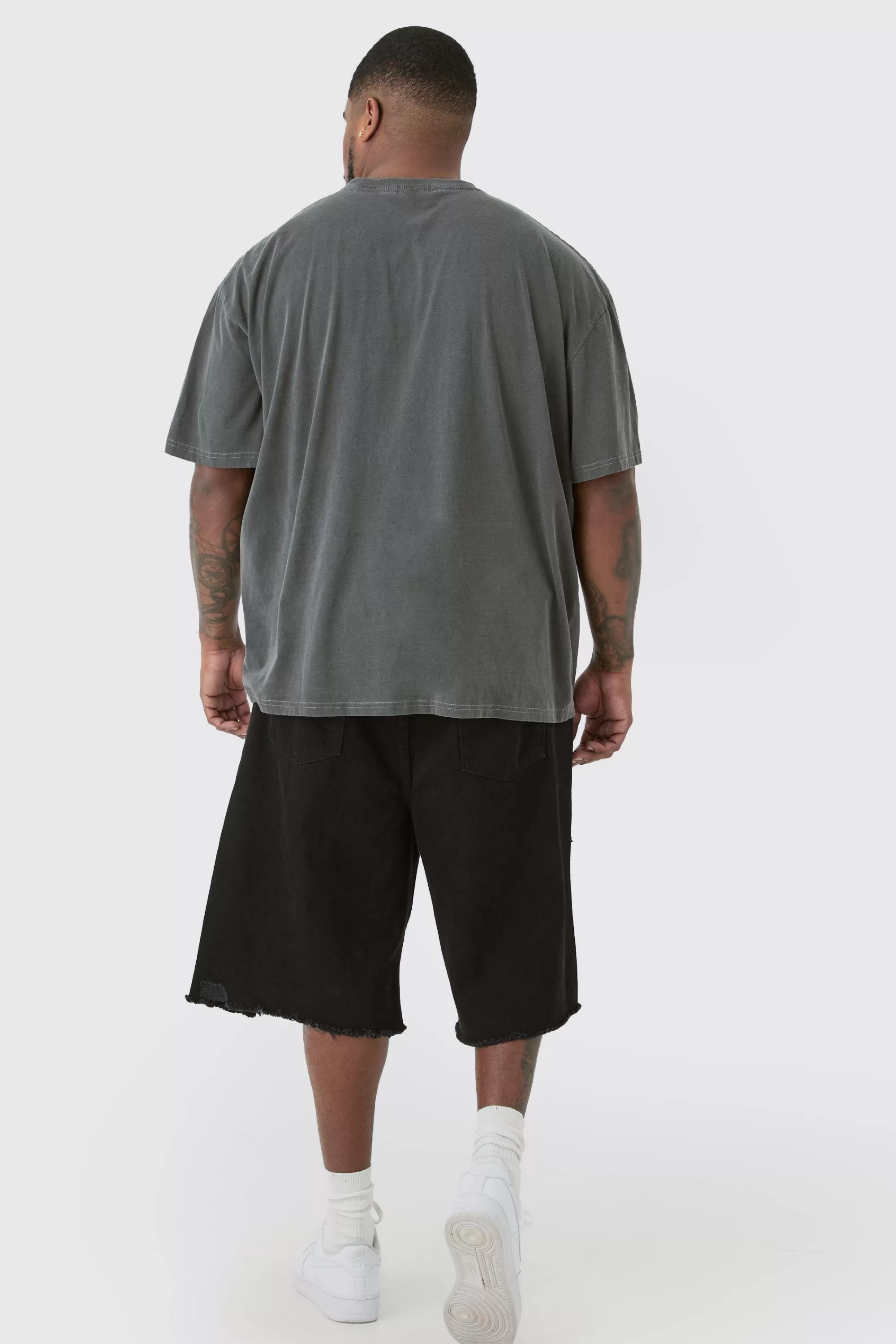 boohooMAN Plus Oversized Overdye Wash Moto Print T-shirt | UK charcoal Clearance