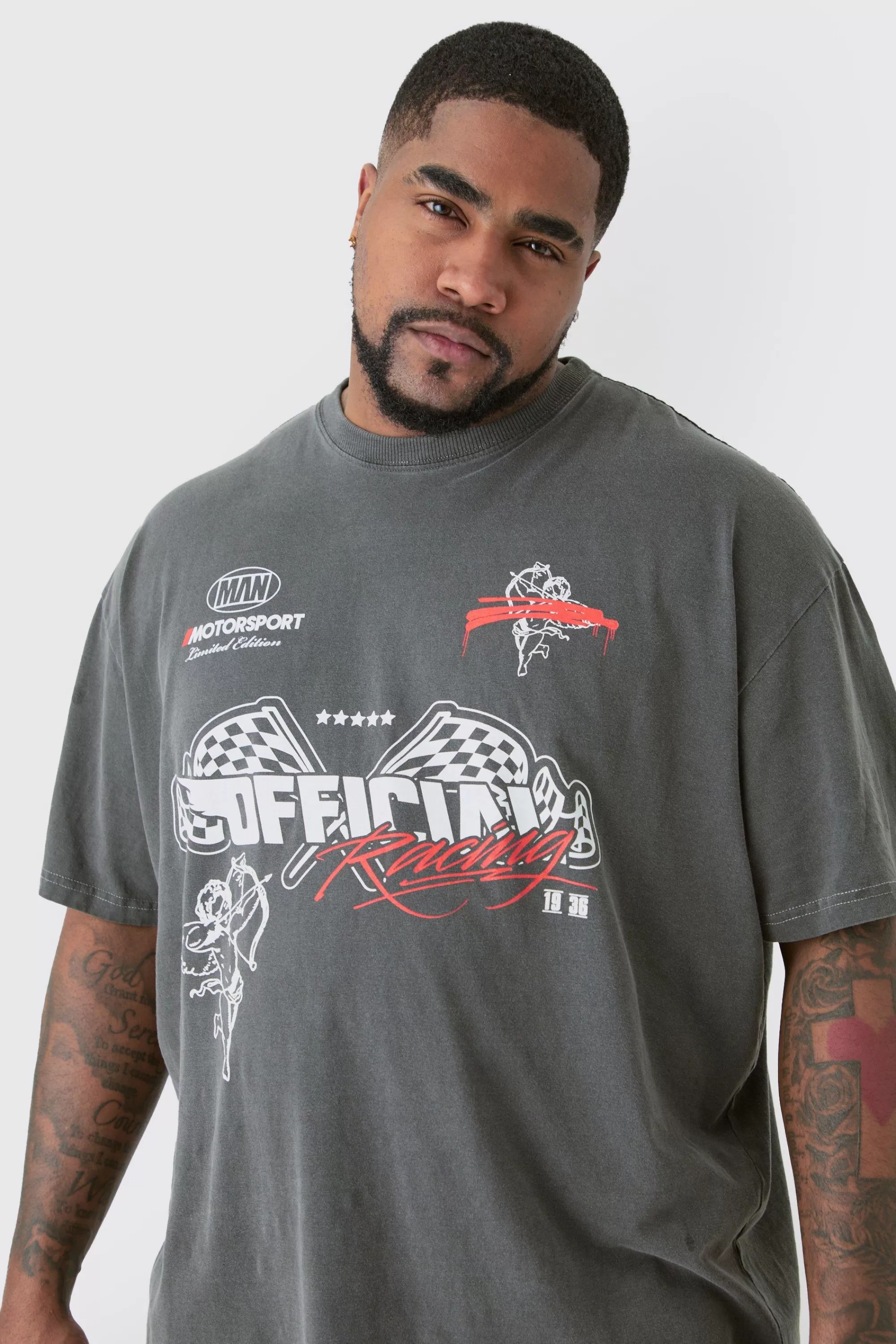 boohooMAN Plus Oversized Overdye Wash Moto Print T-shirt | UK charcoal Clearance