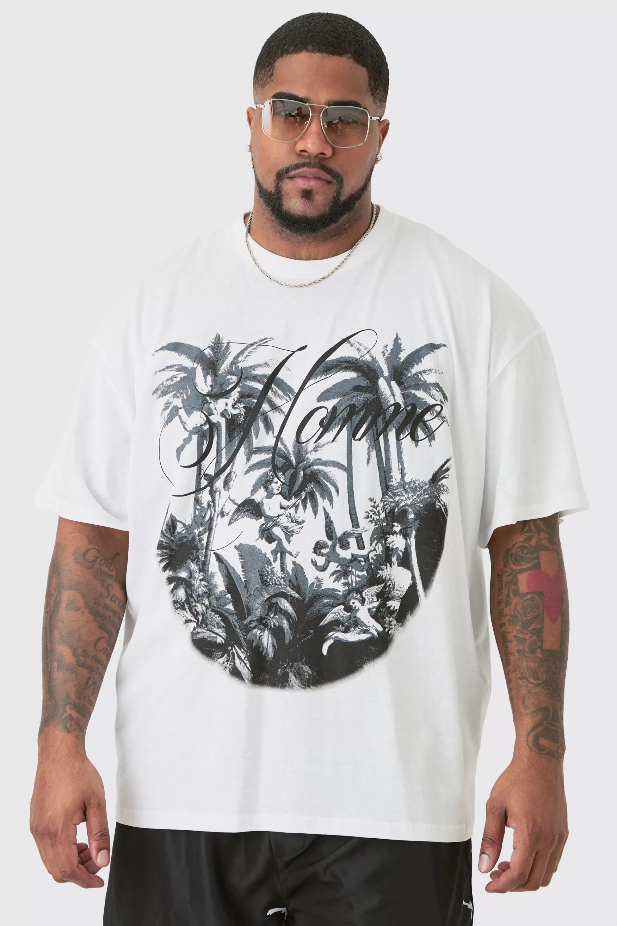 boohooMAN Plus Oversized Palm Renaissance Print T-shirt In | UK white Cheap