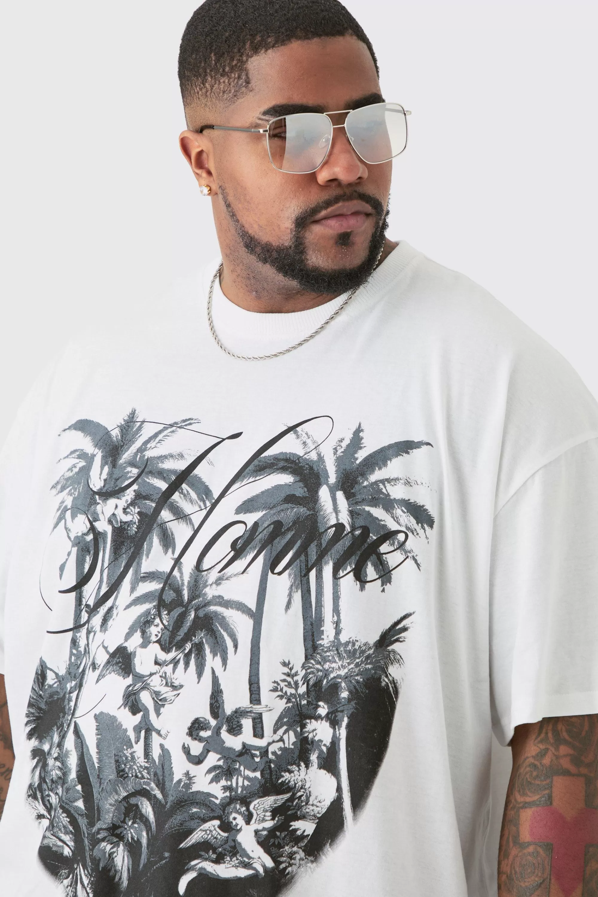 boohooMAN Plus Oversized Palm Renaissance Print T-shirt In | UK white Cheap