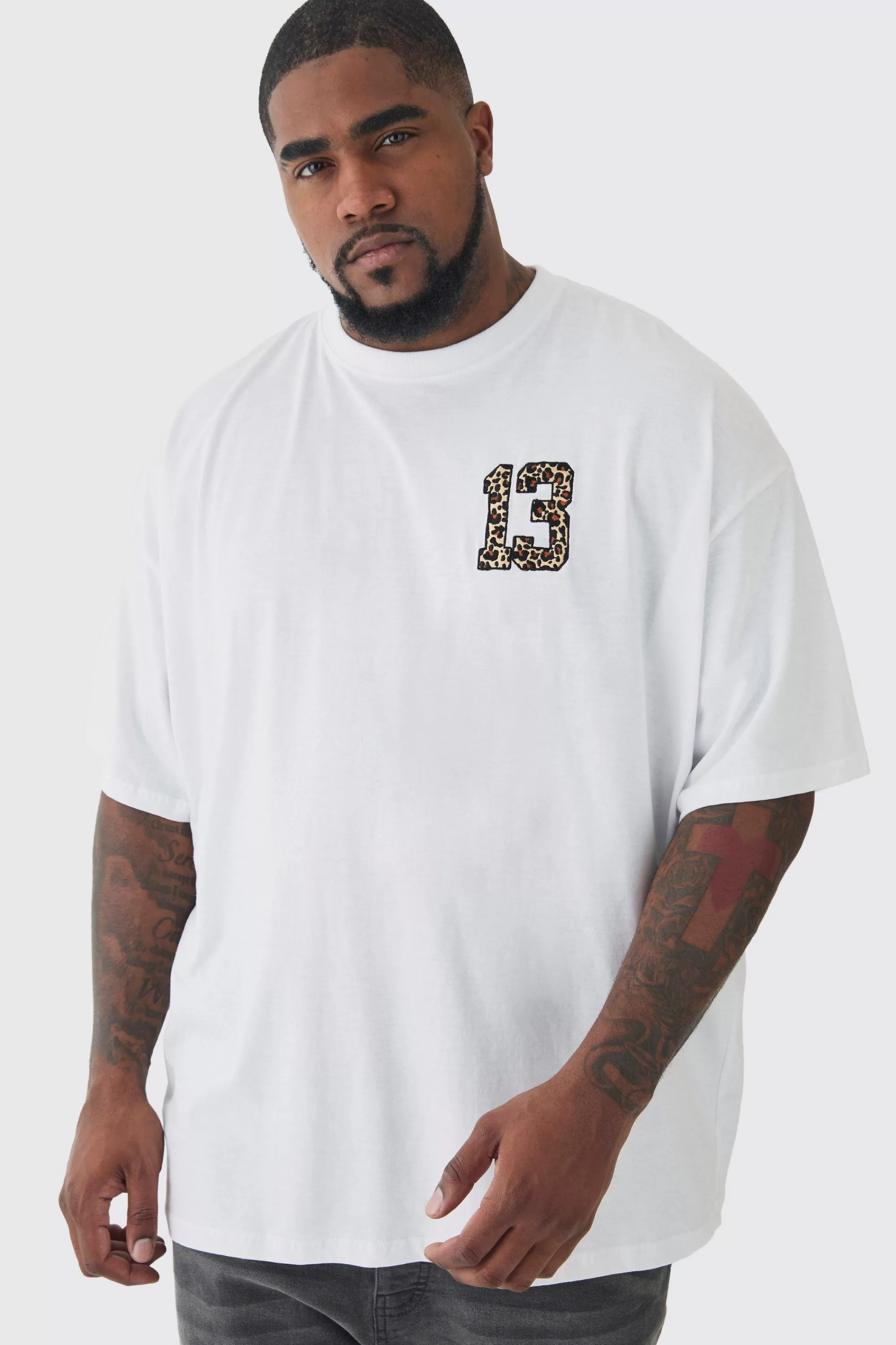 boohooMAN Plus Oversized Plus 13 Leopard Embroidered T-shirt In | UK white Sale