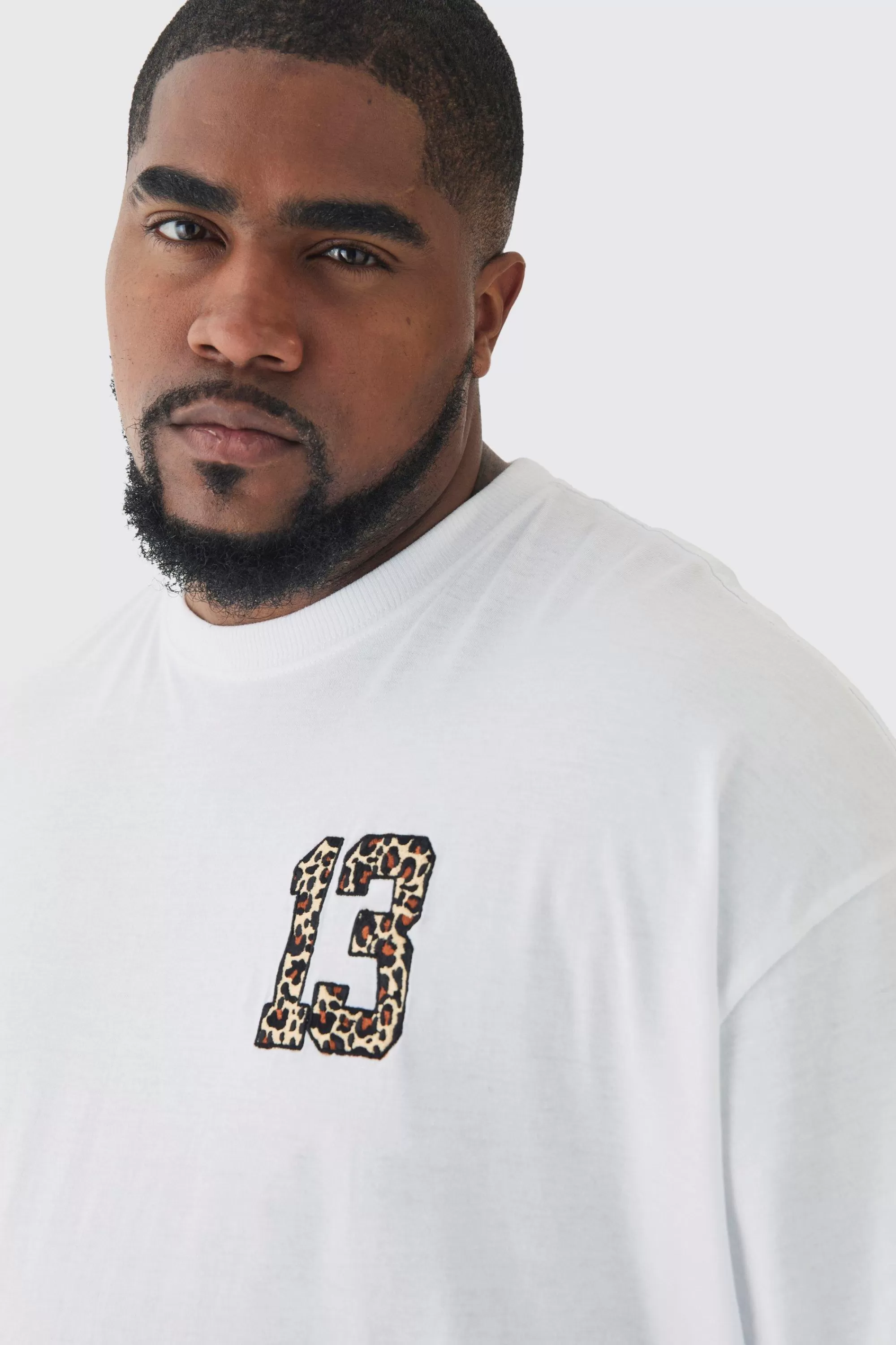 boohooMAN Plus Oversized Plus 13 Leopard Embroidered T-shirt In | UK white Sale