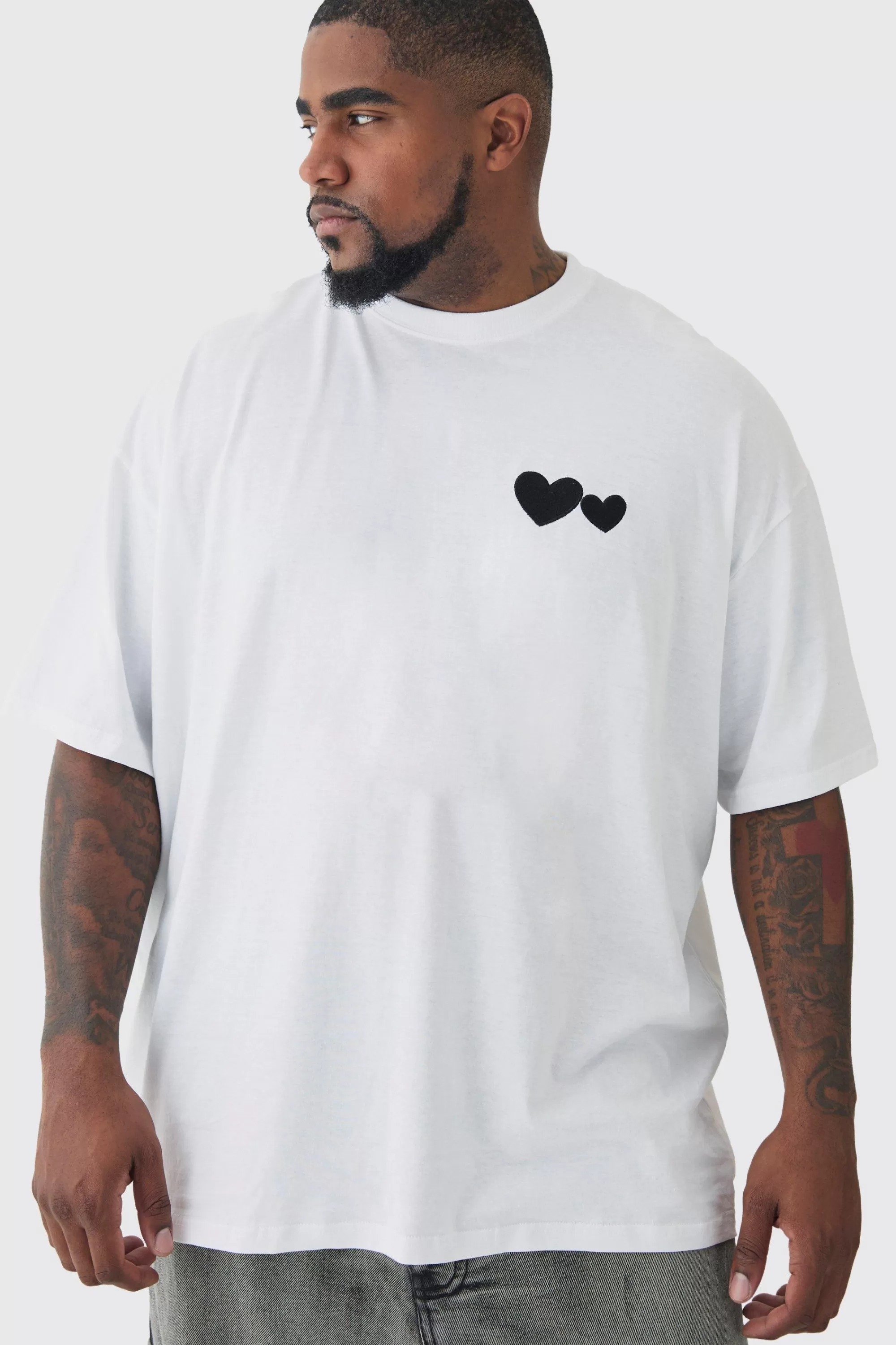 boohooMAN Plus Oversized Plus Black Heart Embroidered T-shirt In | UK white Cheap