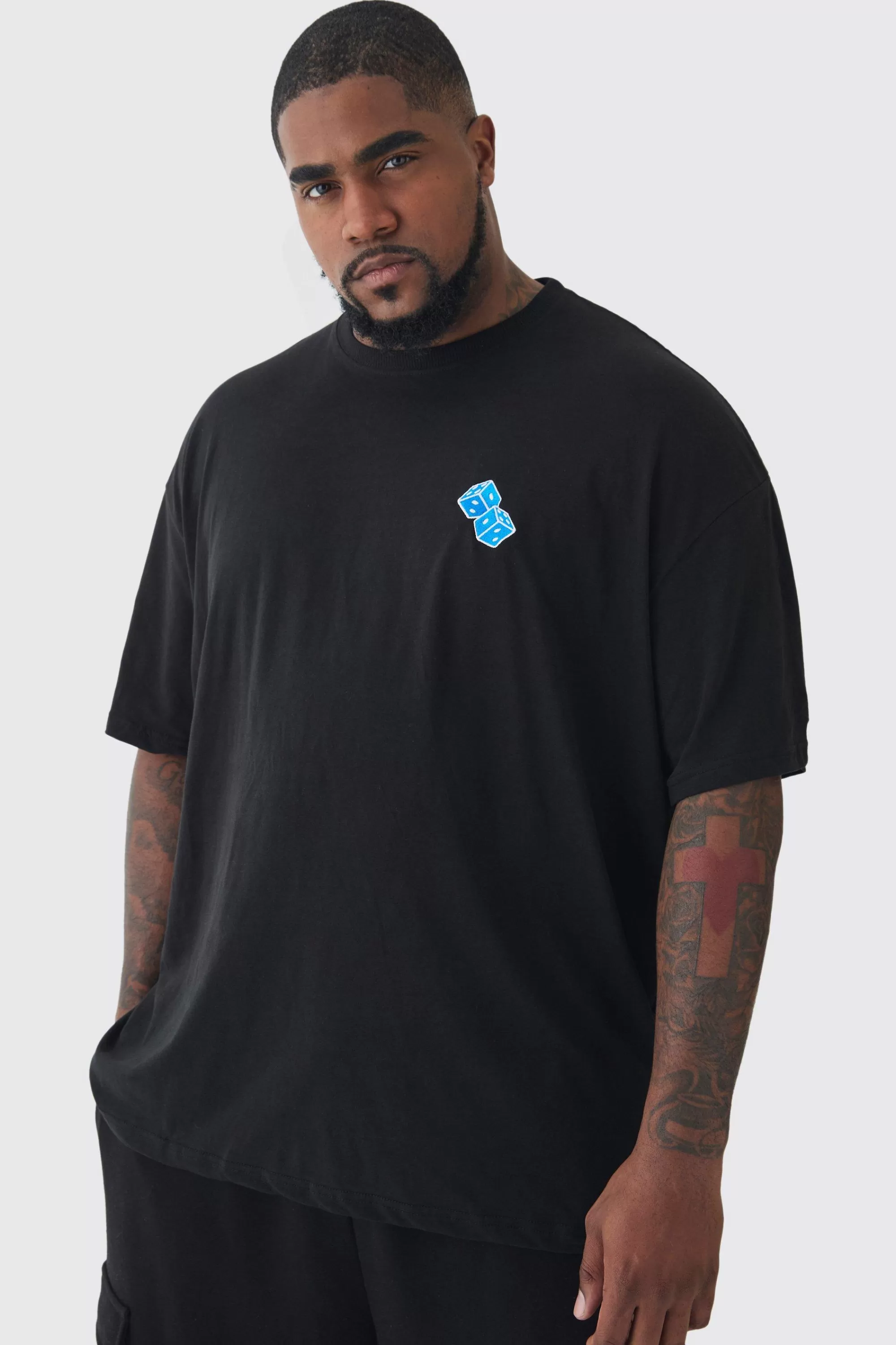 boohooMAN Plus Oversized Plus Blue Dice Embroidered T-shirt In | UK black Sale