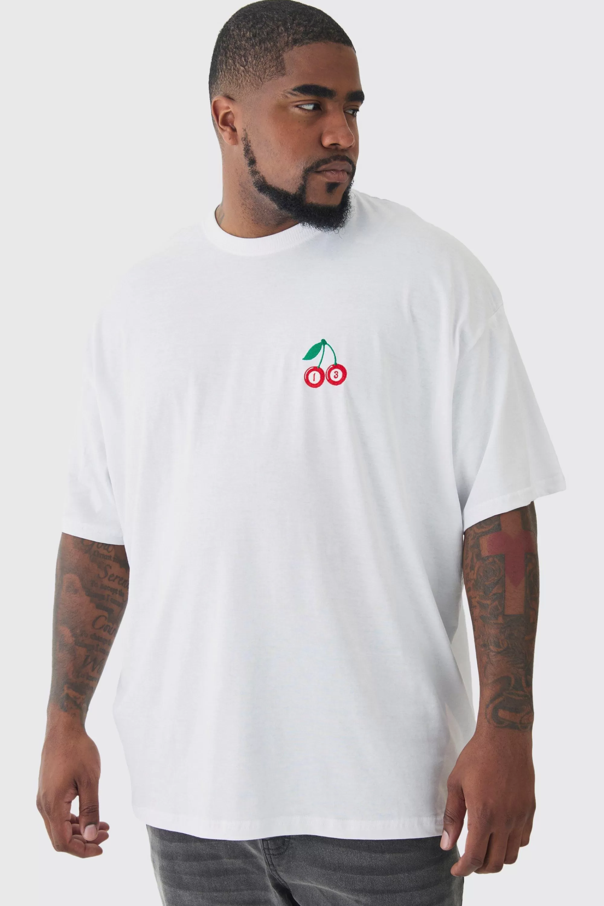 boohooMAN Plus Oversized Plus Cherry Embroidered T-shirt In | UK white New