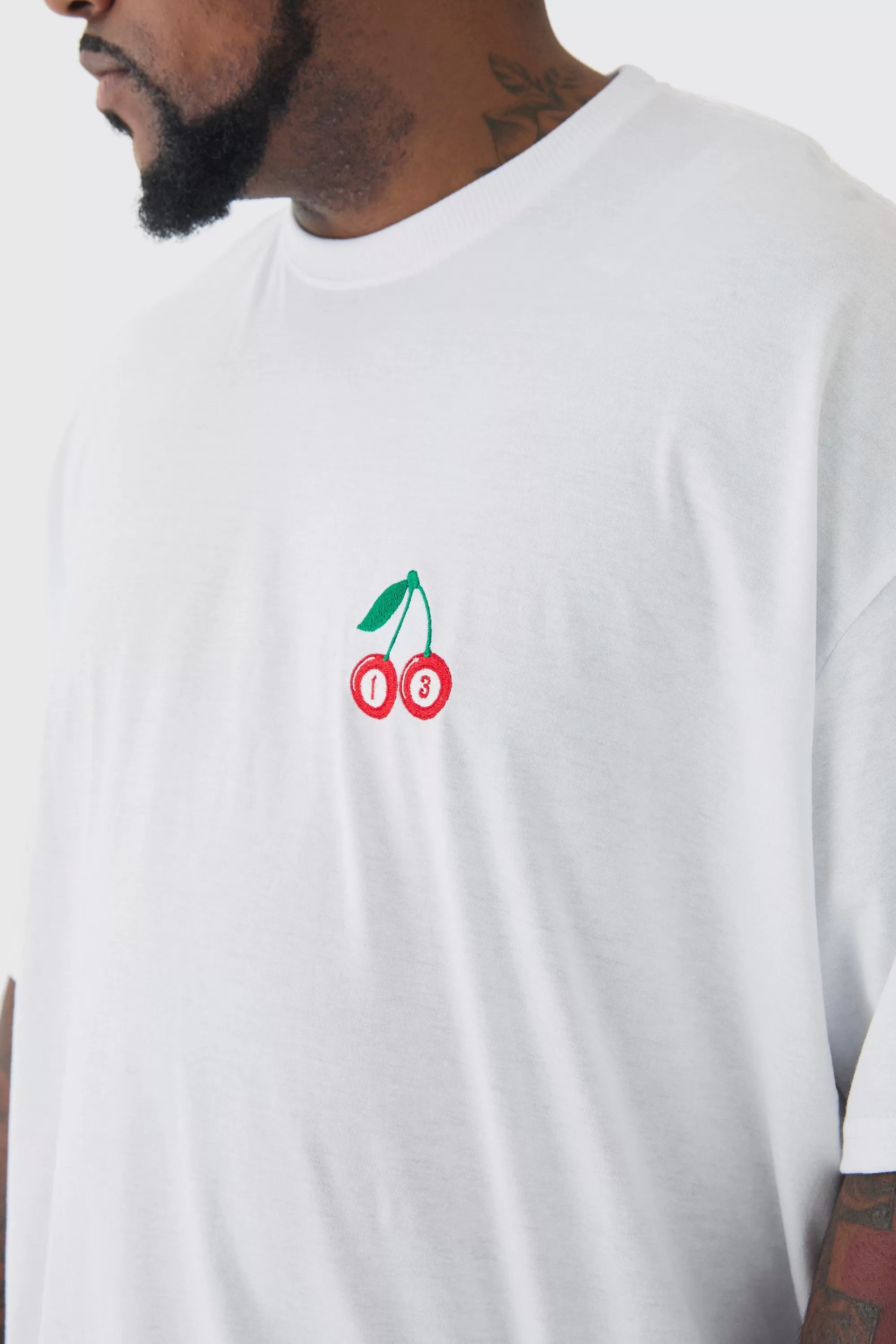 boohooMAN Plus Oversized Plus Cherry Embroidered T-shirt In | UK white New