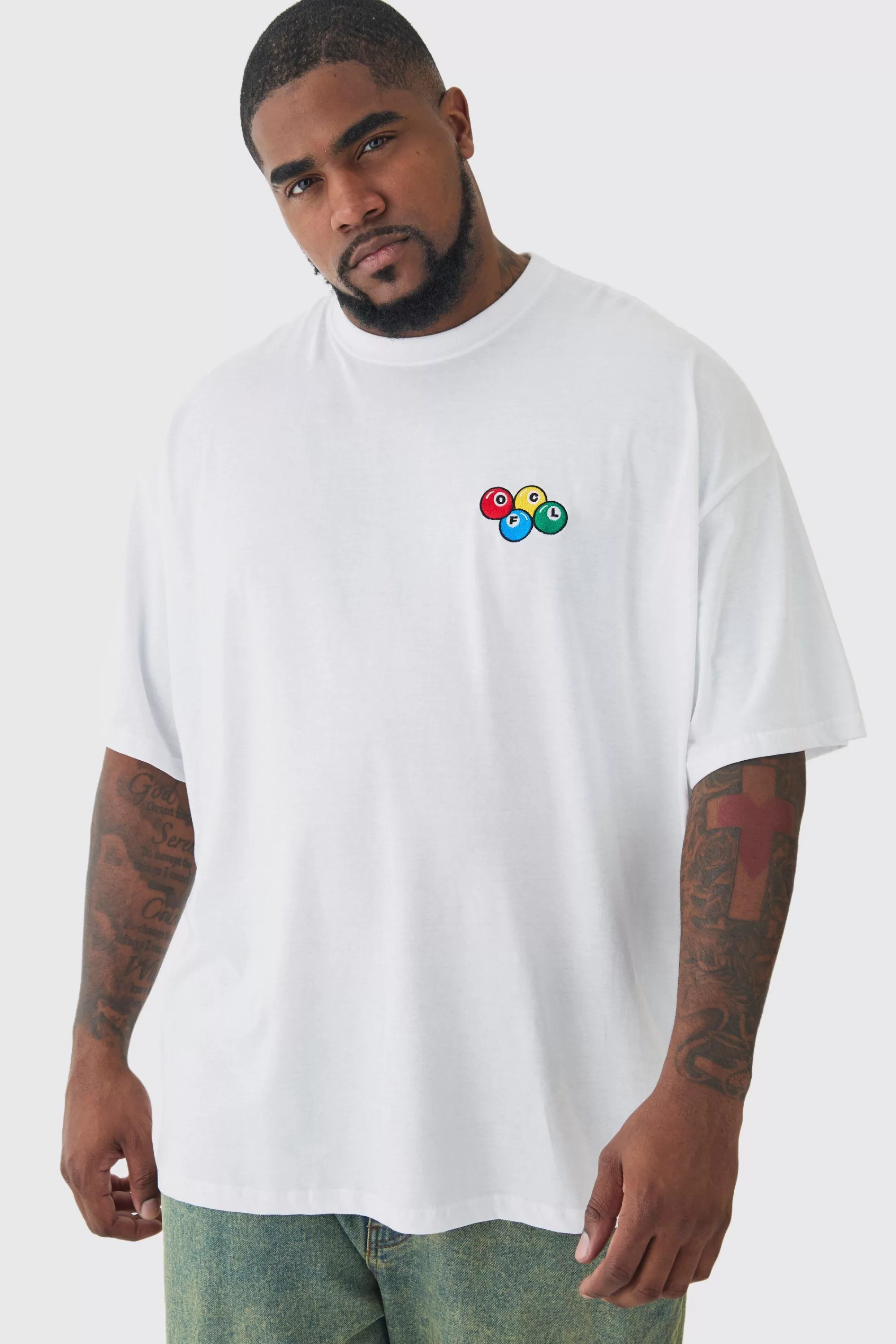boohooMAN Plus Oversized Plus OFCL 8 Ball Embroidered T-shirt In | UK white Store