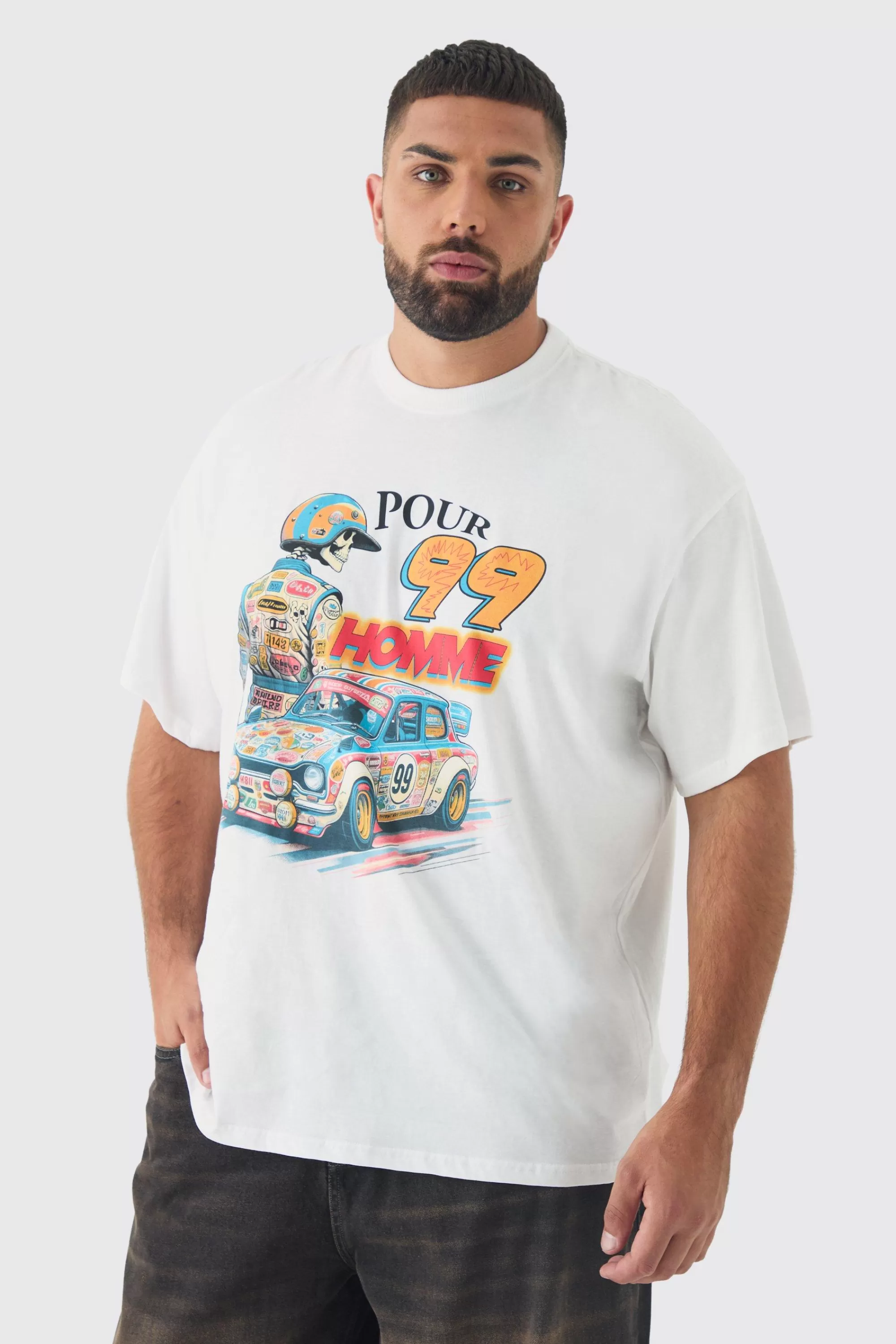 boohooMAN Plus Oversized Pour Homme Moto Print T-Shirt | UK white Sale