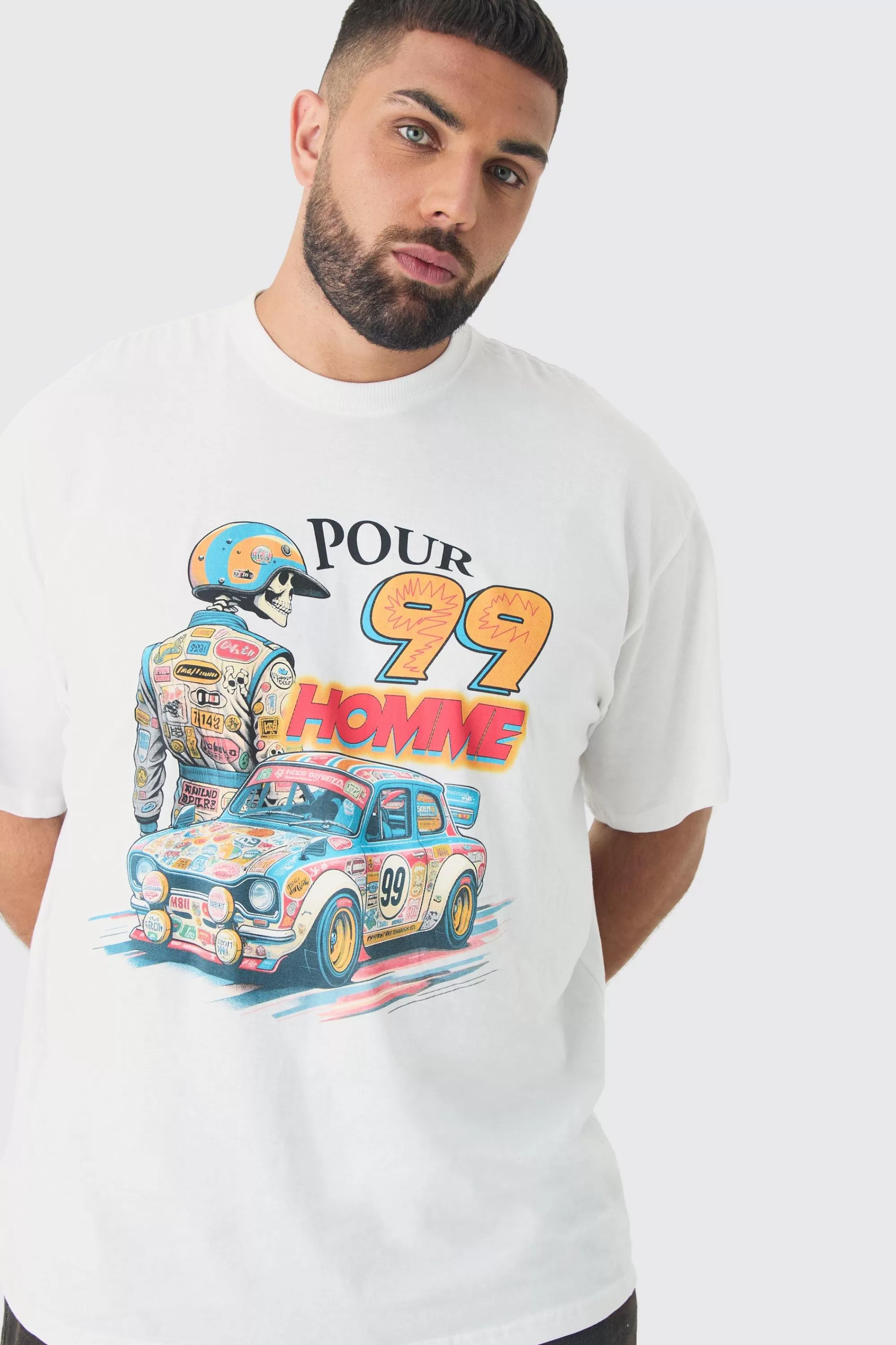 boohooMAN Plus Oversized Pour Homme Moto Print T-Shirt | UK white Sale