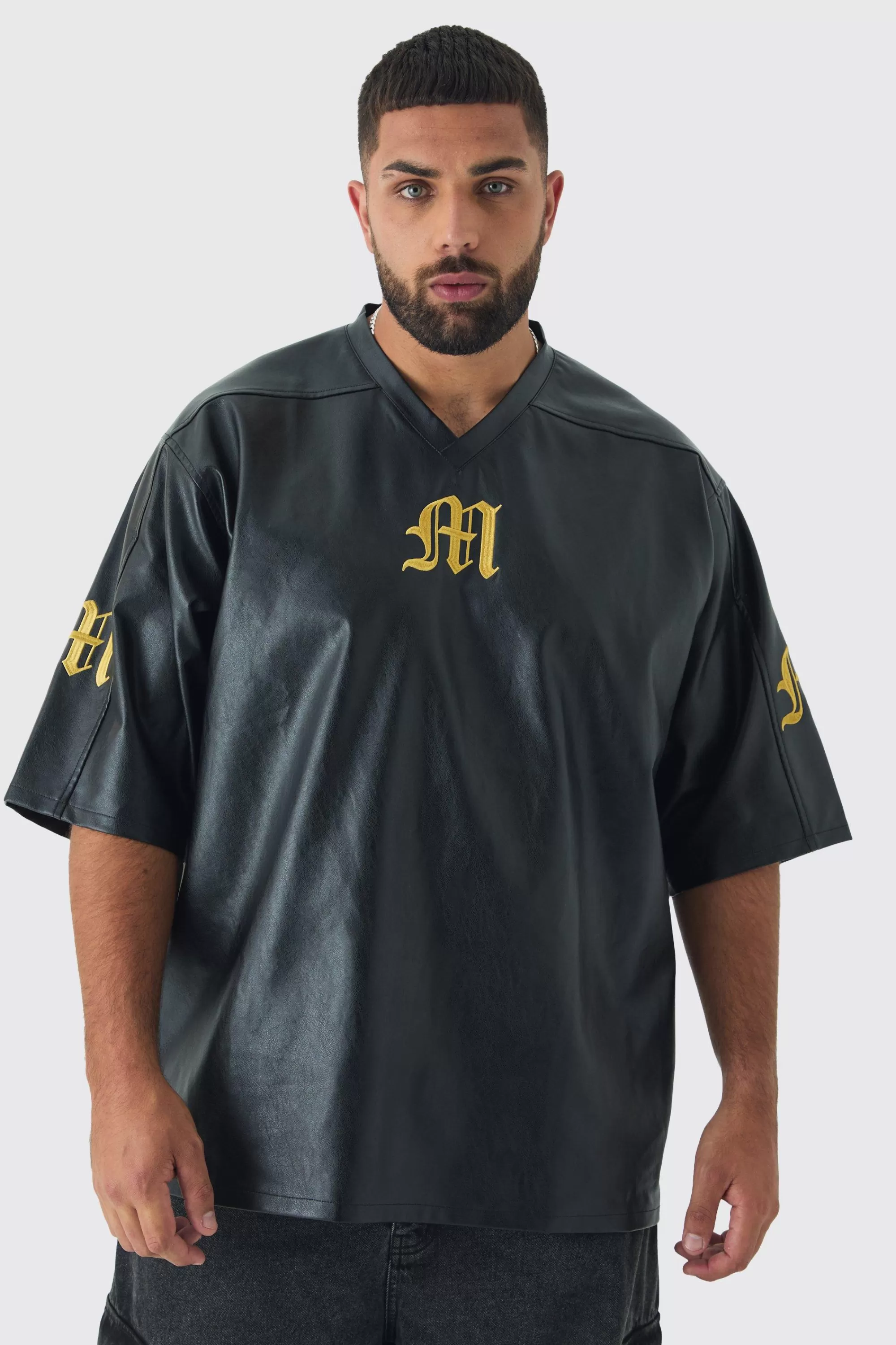 boohooMAN Plus Oversized PU Raglan Embroidered Varsity Shirt | UK black Flash Sale