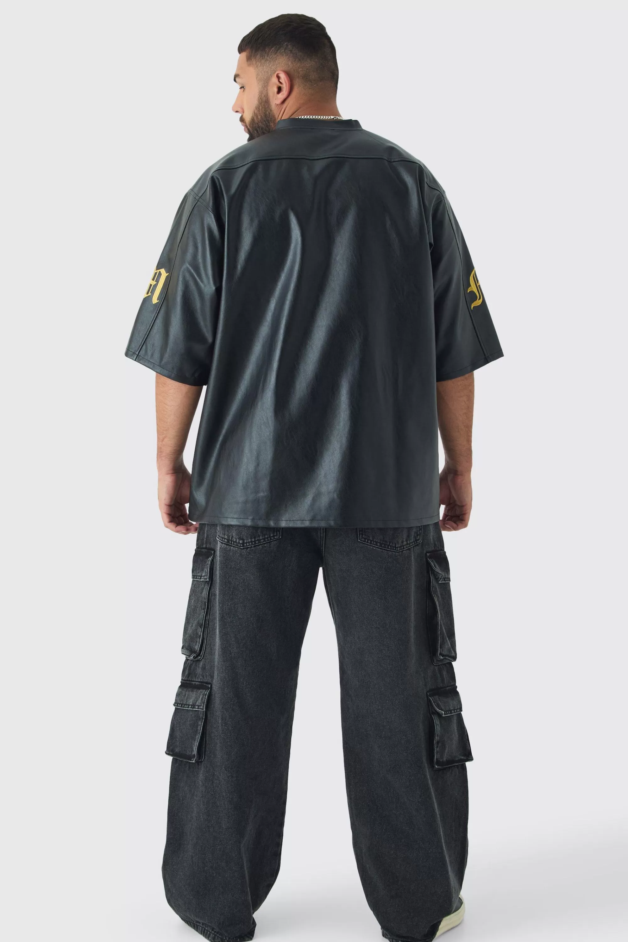 boohooMAN Plus Oversized PU Raglan Embroidered Varsity Shirt | UK black Flash Sale