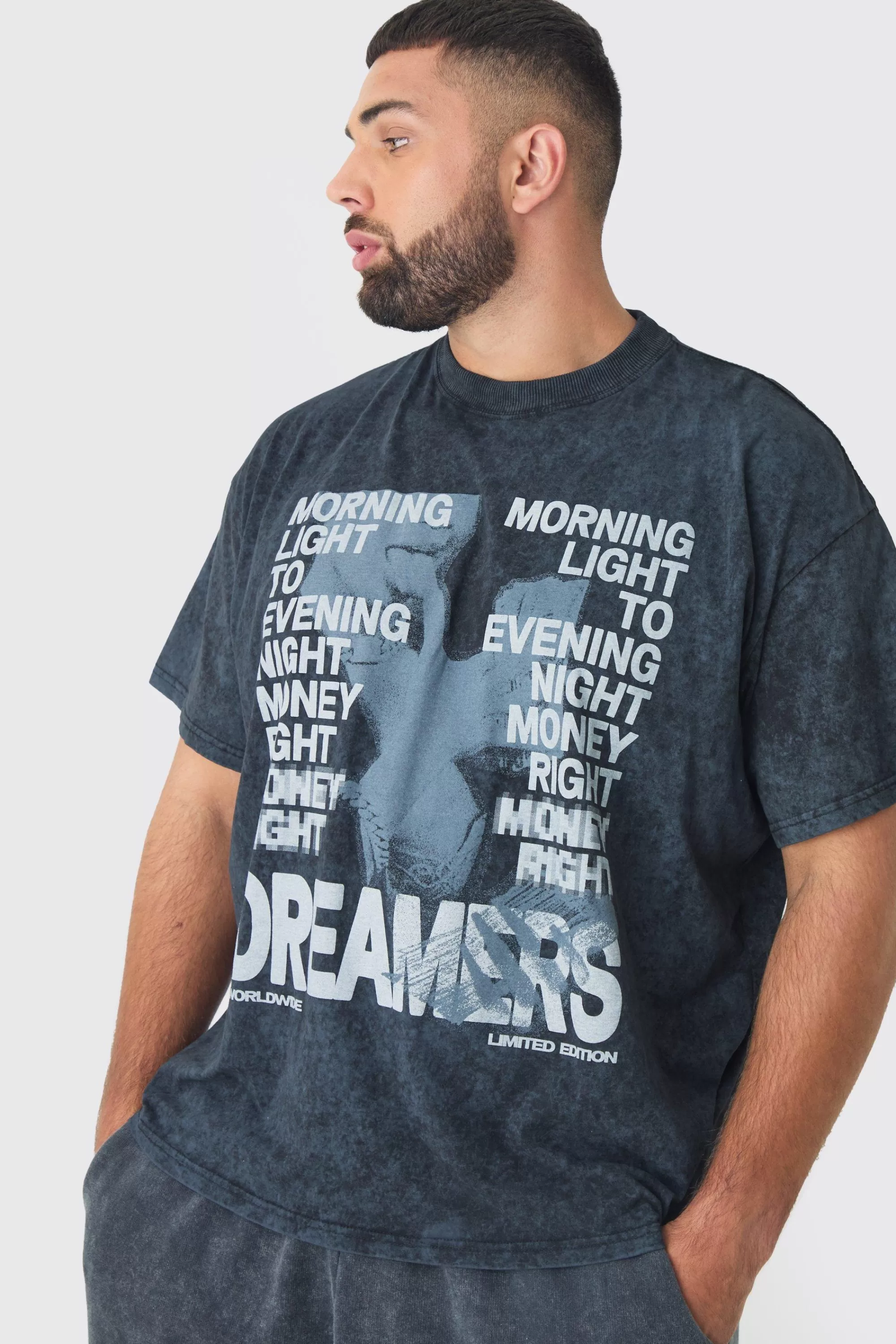 boohooMAN Plus Oversized Renaissance Worldwide Acid Wash T-Shirt | UK charcoal Online