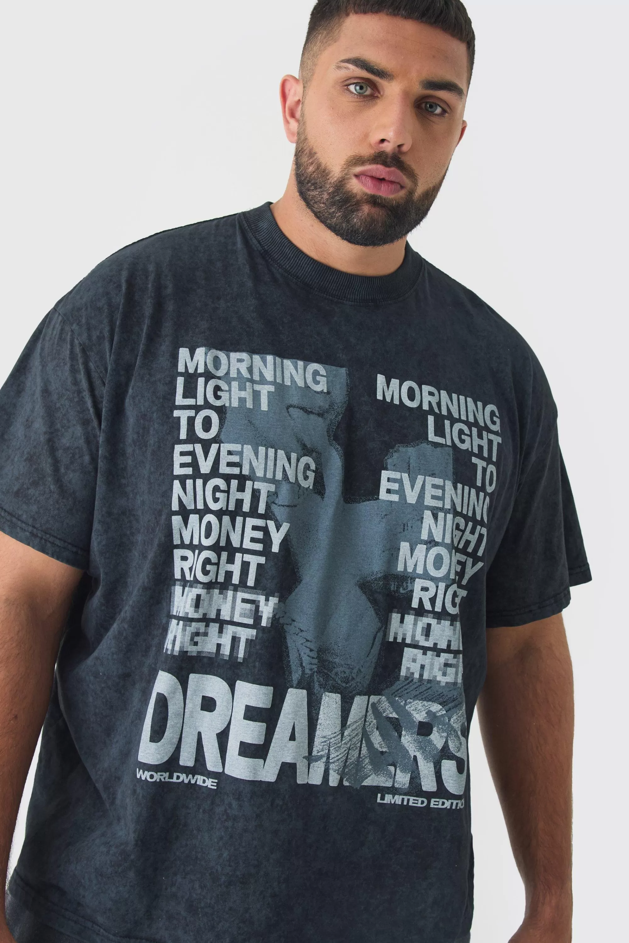 boohooMAN Plus Oversized Renaissance Worldwide Acid Wash T-Shirt | UK charcoal Online
