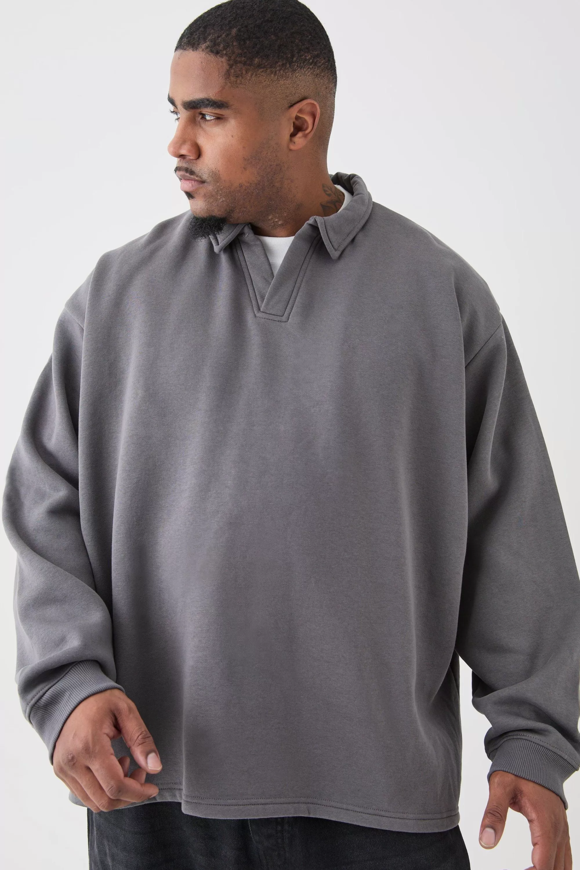 boohooMAN Plus Oversized Revere Rugby Sweatshirt Polo | UK charcoal Fashion