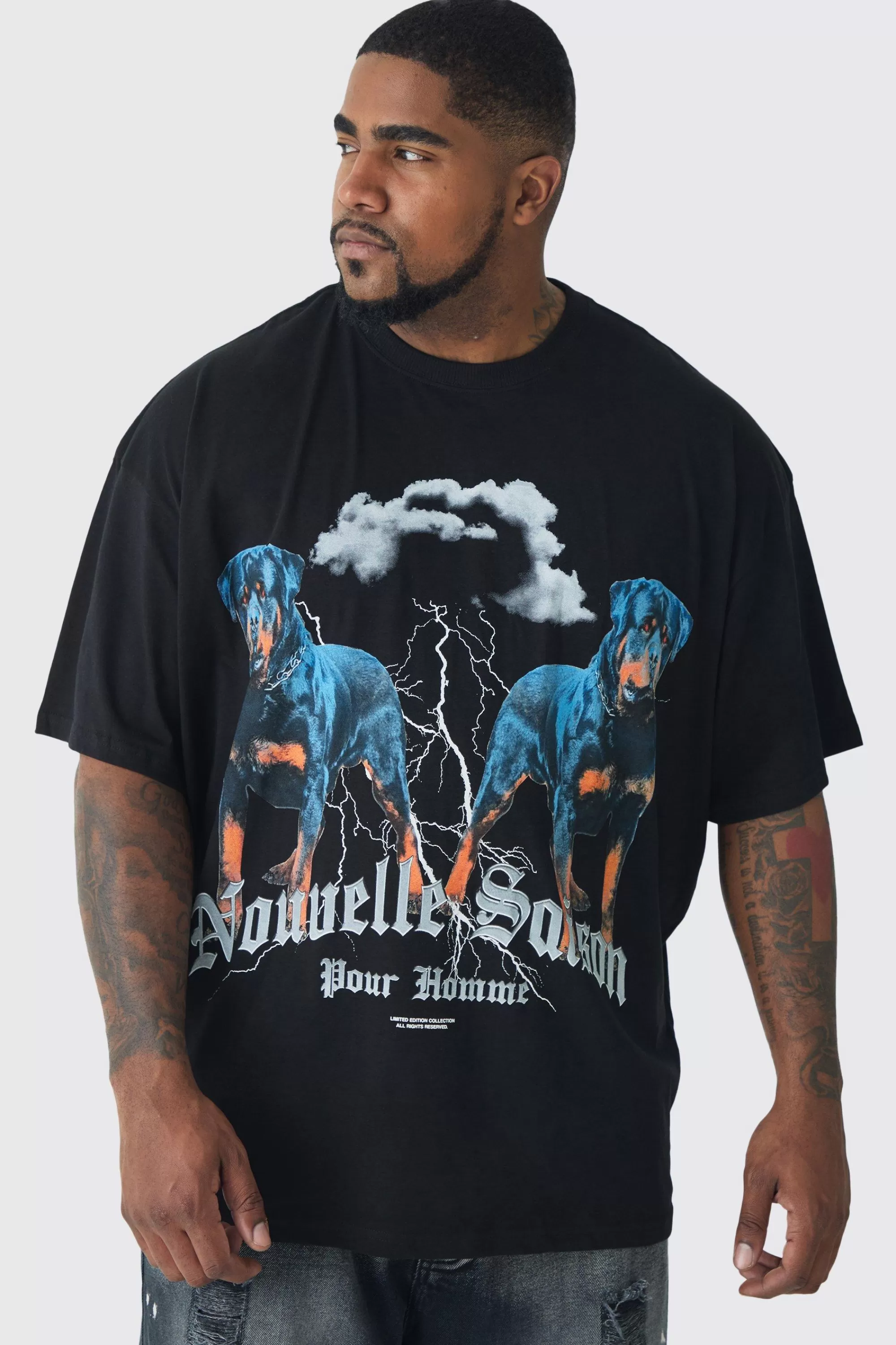 boohooMAN Plus Oversized Rottweiler Graphic T-shirt | UK black Flash Sale