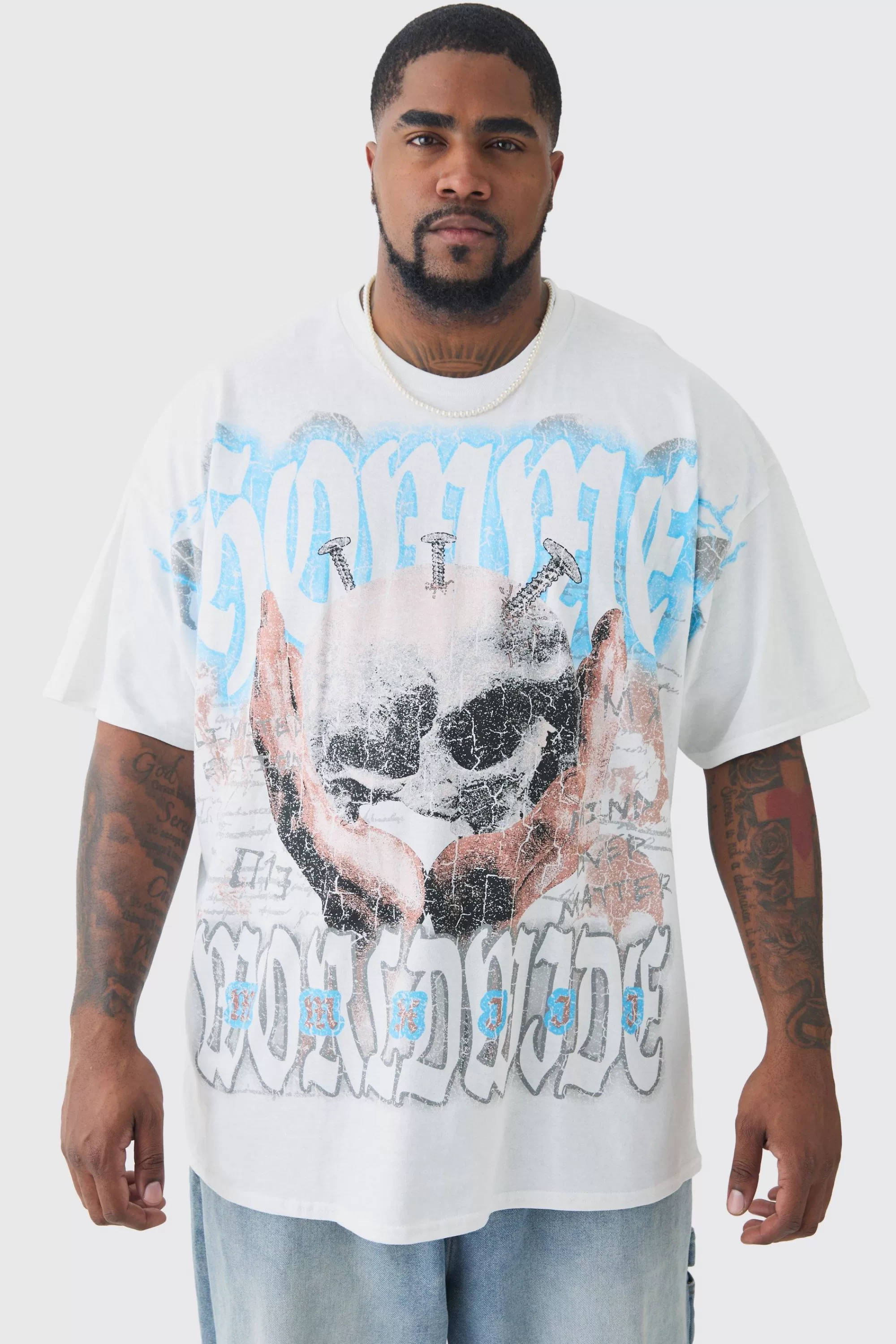 boohooMAN Plus Oversized Skull Over Seams Graphic T-shirt | UK white Hot