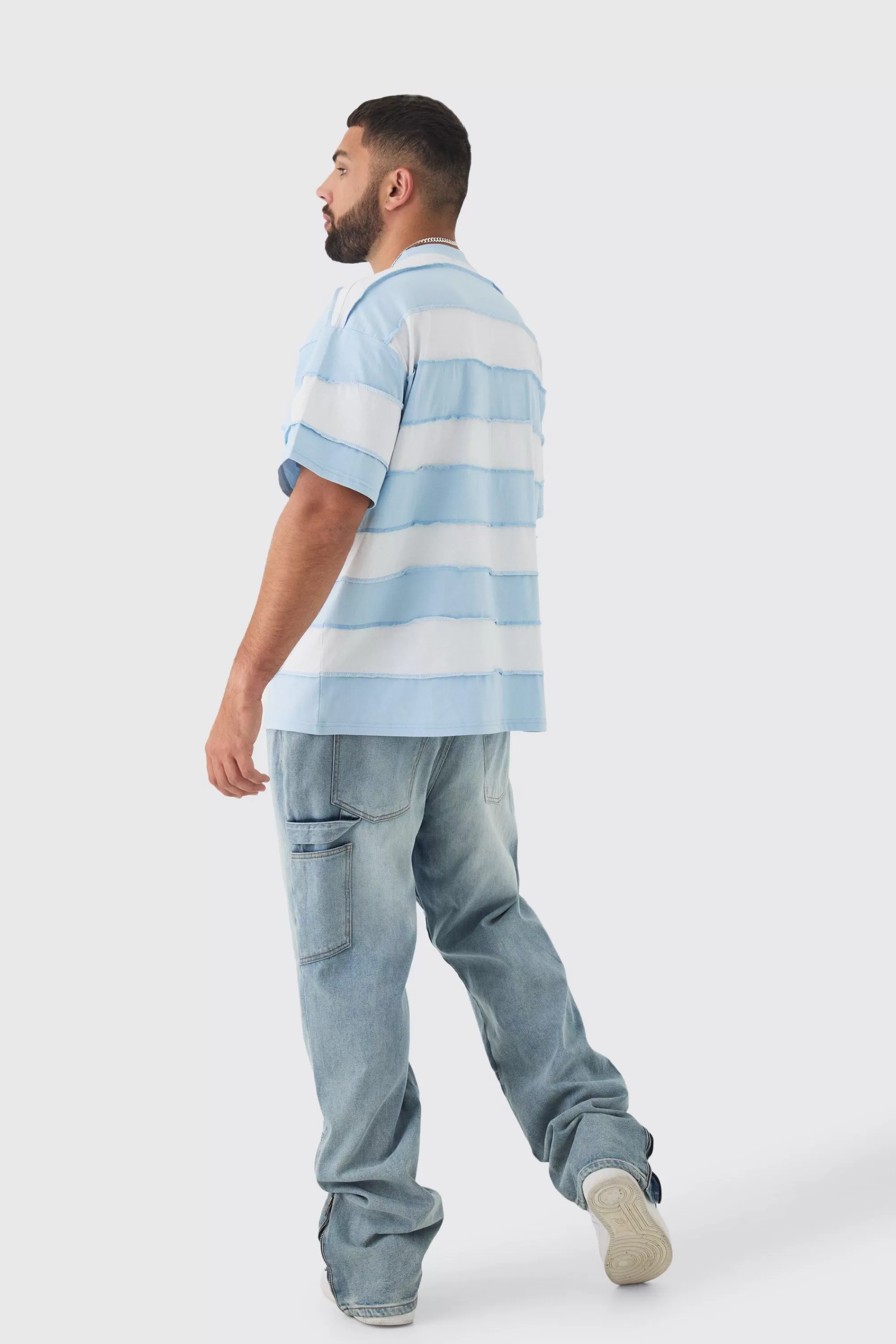 boohooMAN Plus Oversized Stripe Raw Seam T-shirt | UK light blue Clearance