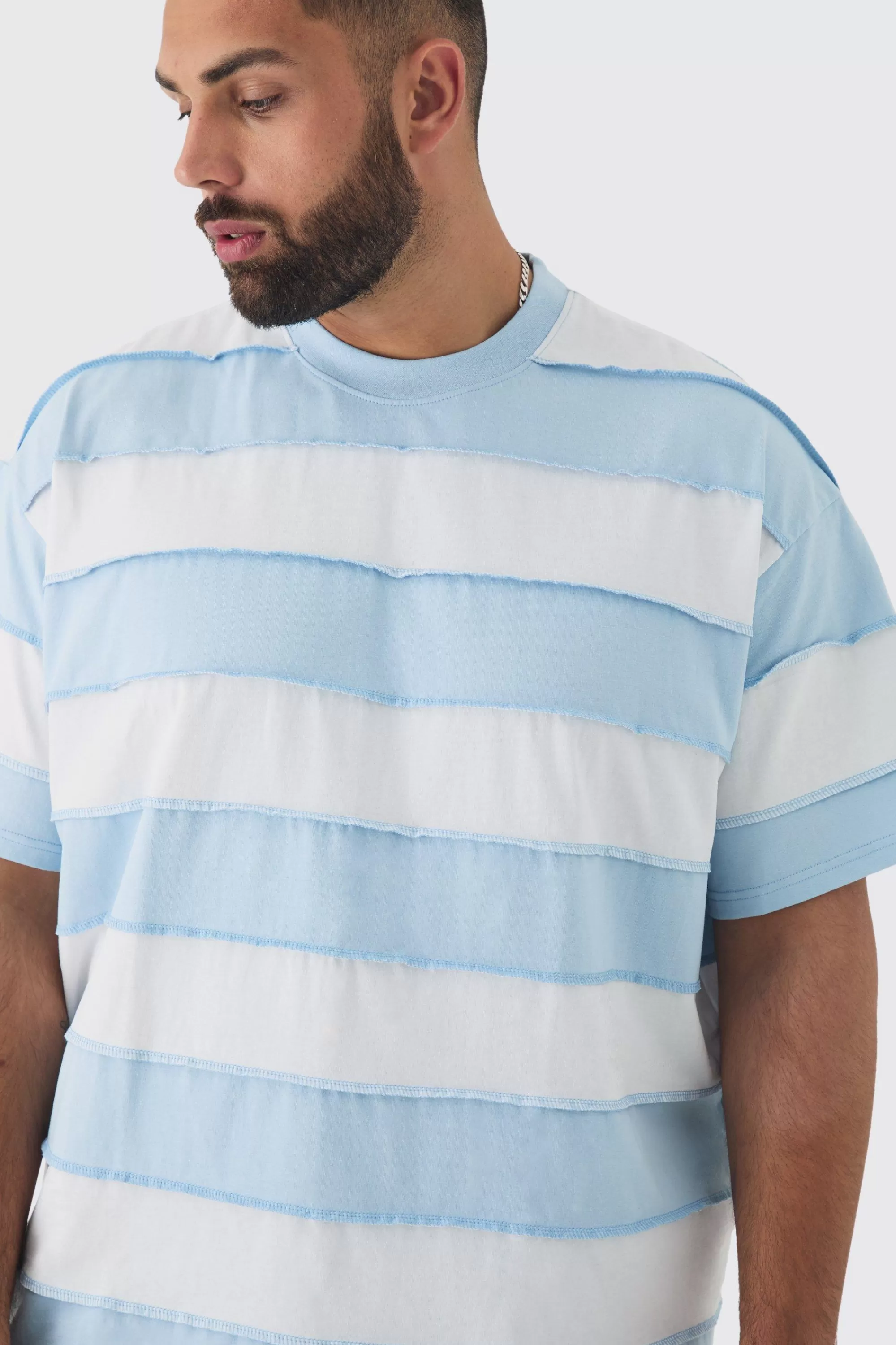 boohooMAN Plus Oversized Stripe Raw Seam T-shirt | UK light blue Clearance