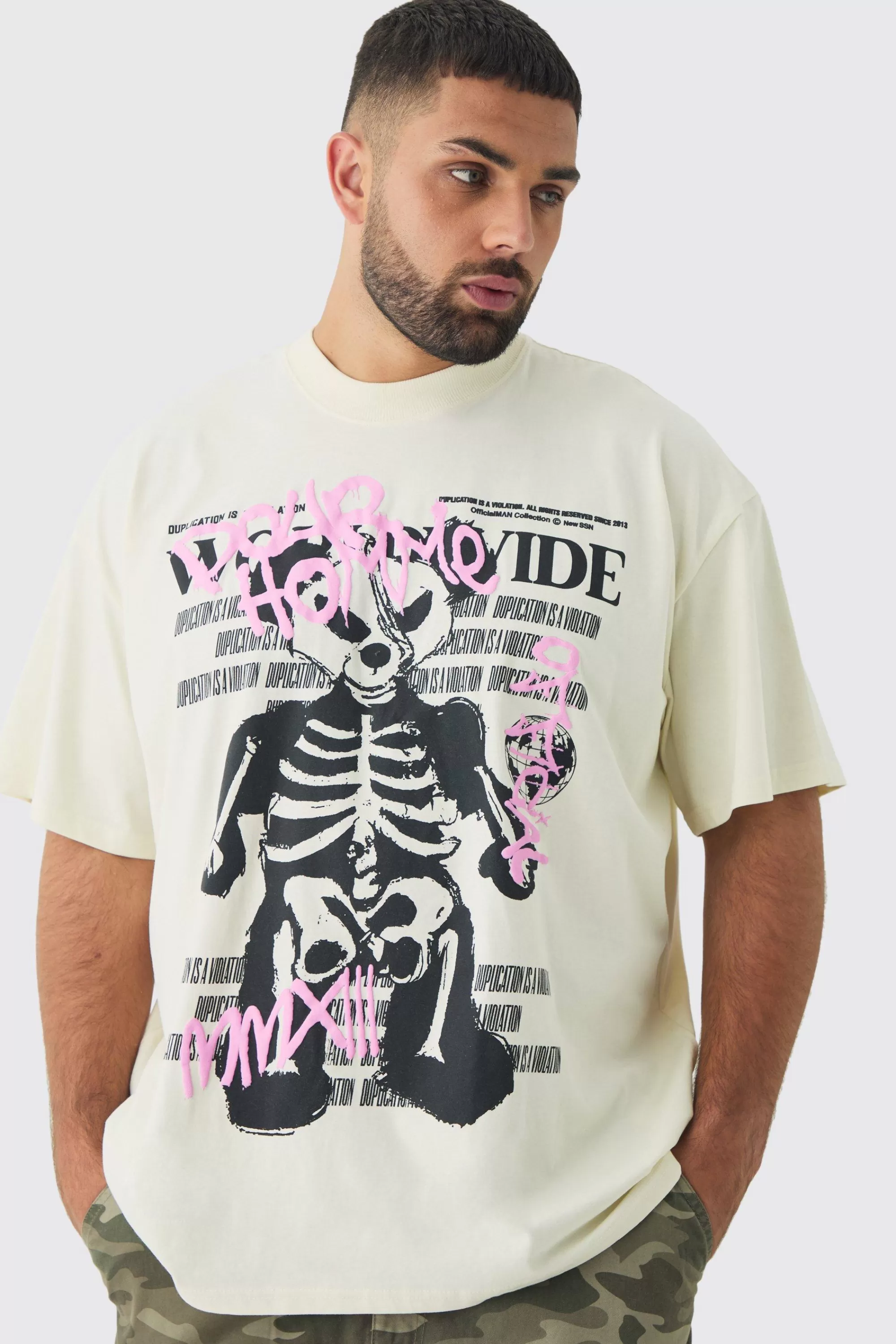 boohooMAN Plus Oversized Teddy Skeleton Graphic Puff Print T-Shirt | UK ecru Best Sale