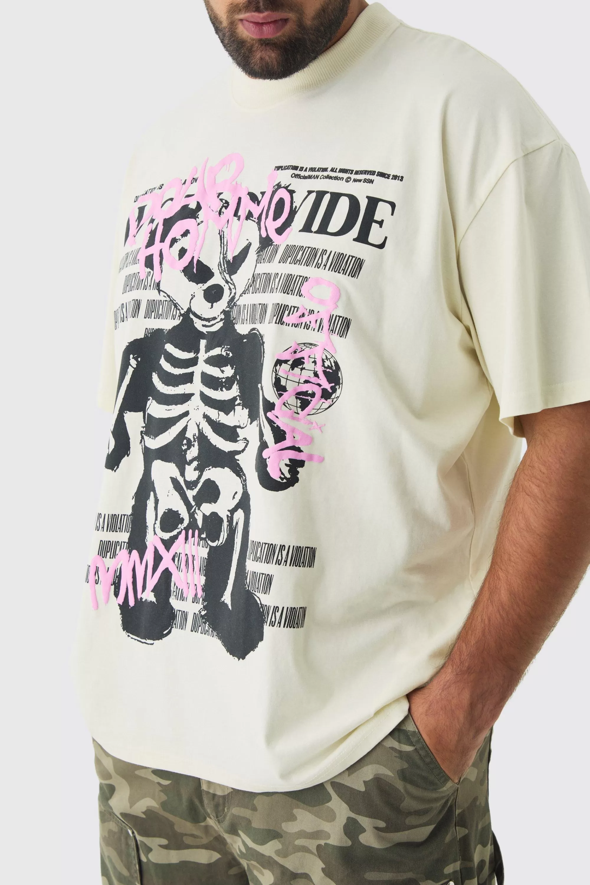 boohooMAN Plus Oversized Teddy Skeleton Graphic Puff Print T-Shirt | UK ecru Best Sale