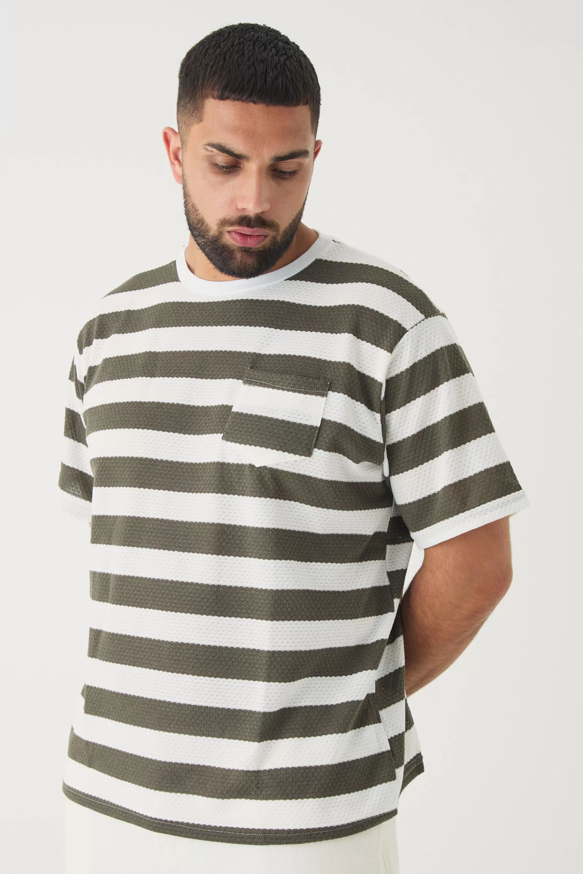 boohooMAN Plus Oversized Textured Stripe T-shirt | UK khaki Hot